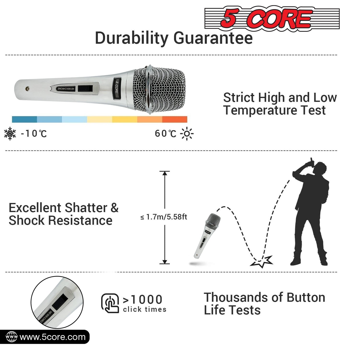 5 Core Microphone Professional Dynamic Karaoke XLR Wired Mic w ON/OFF Switch Pop Filter Cardioid Unidirectional Pickup Micrófono -ND 909 CHROME 2PCS-23