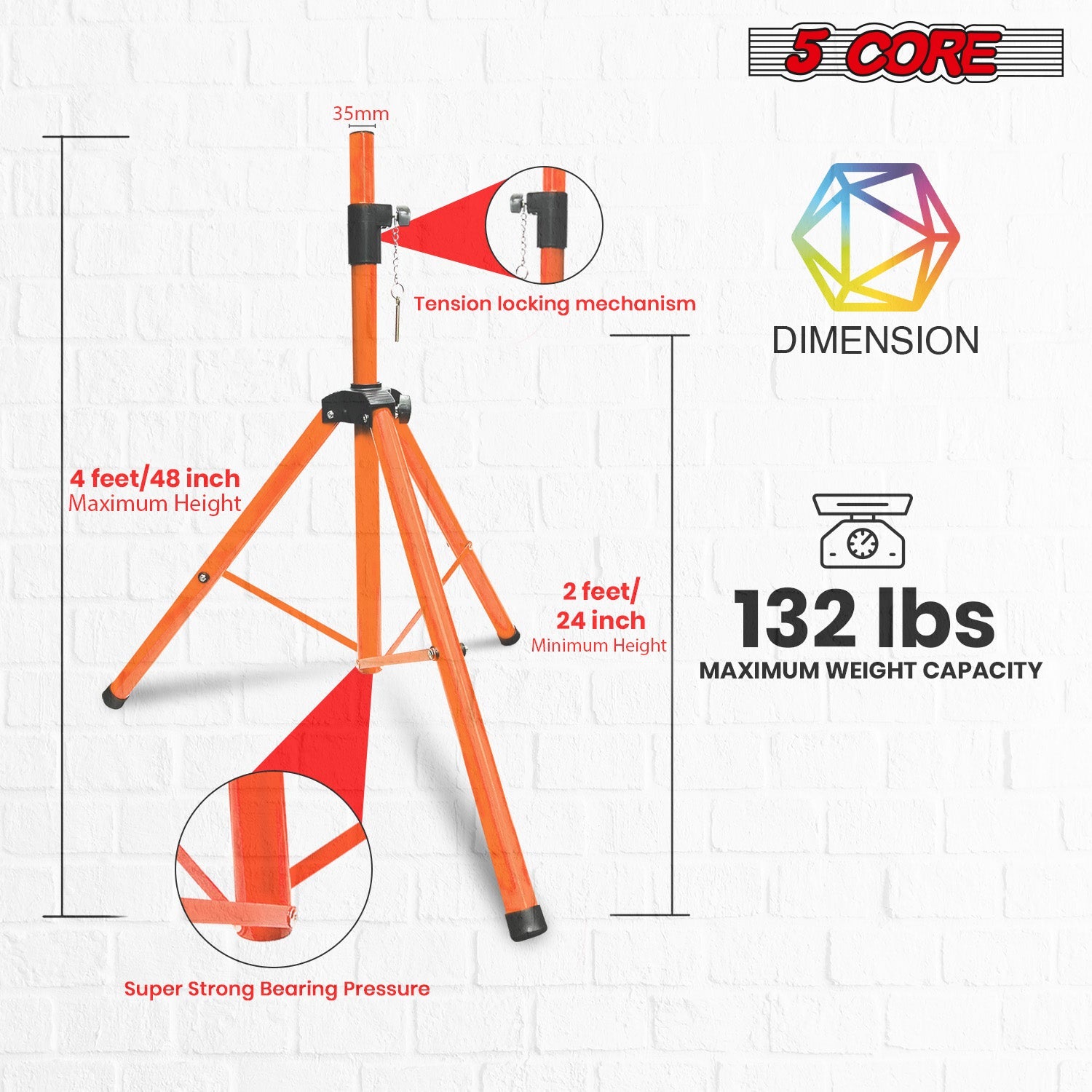 5 Core Speaker Stand Tripod Pair Floor Heavy Duty Adjustable Up to 72 Inch DJ Studio Monitor Stands Pole Mount - SS HD 2PK ORG WOB-2