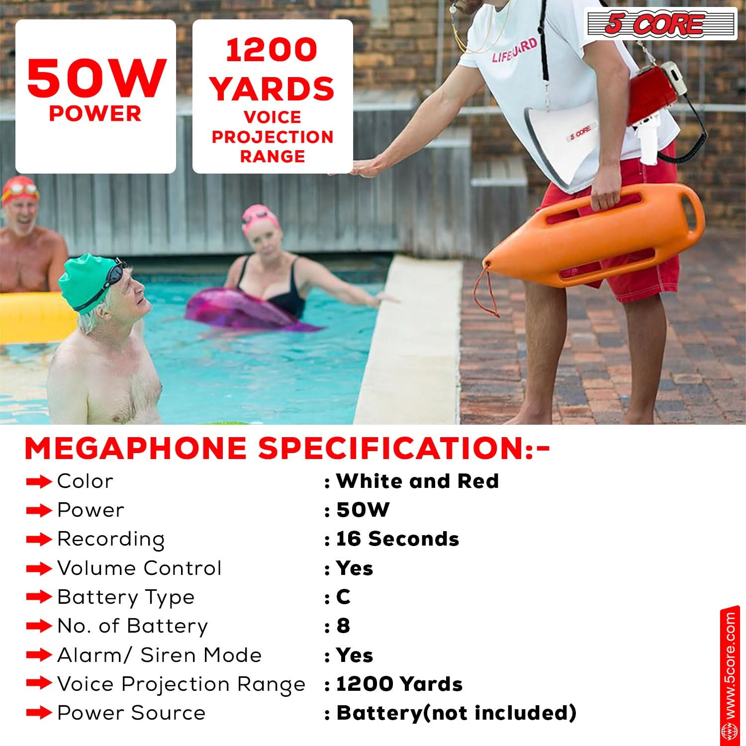 5Core Megaphone Bullhorn Speaker 50W Bull Horn Cheer Megafono 1200Ft Non Rechargeable-2