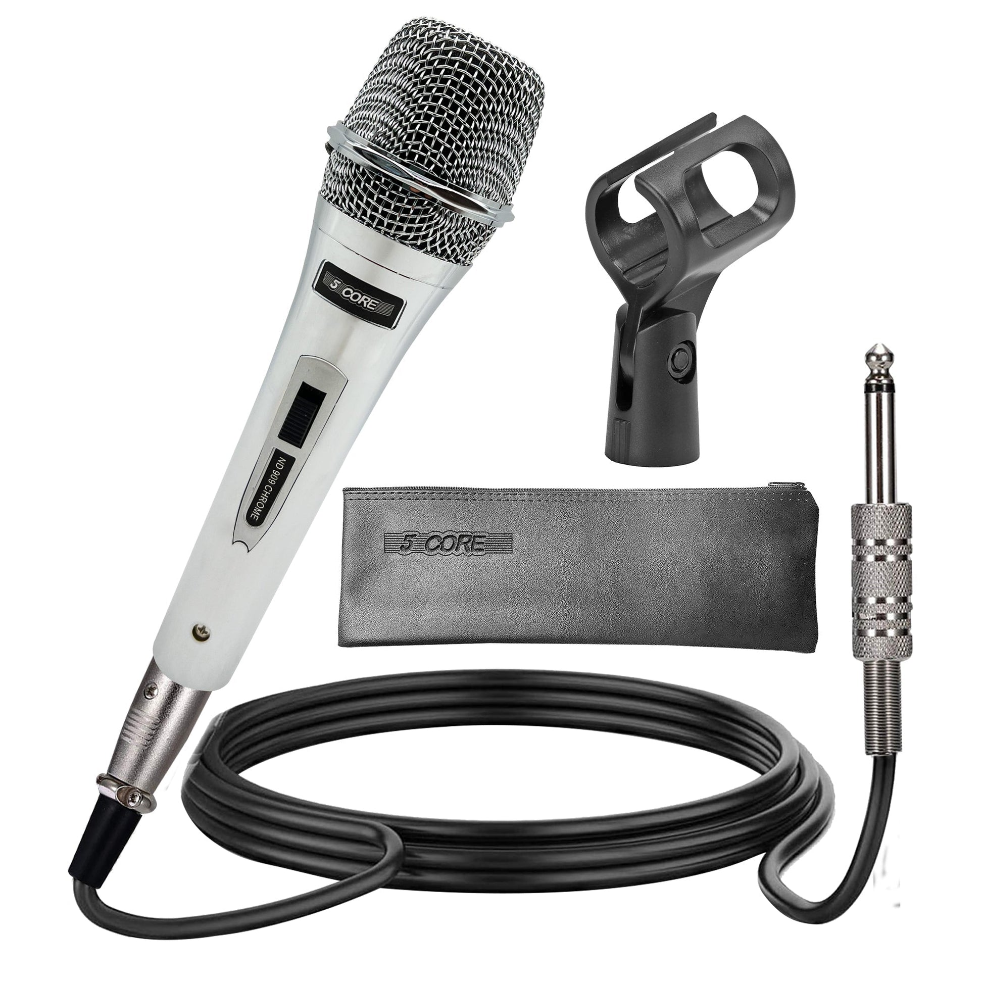 5 Core Microphone Professional Dynamic Karaoke XLR Wired Mic w ON/OFF Switch Pop Filter Cardioid Unidirectional Pickup Micrófono -ND 909 CHROME 2PCS-0