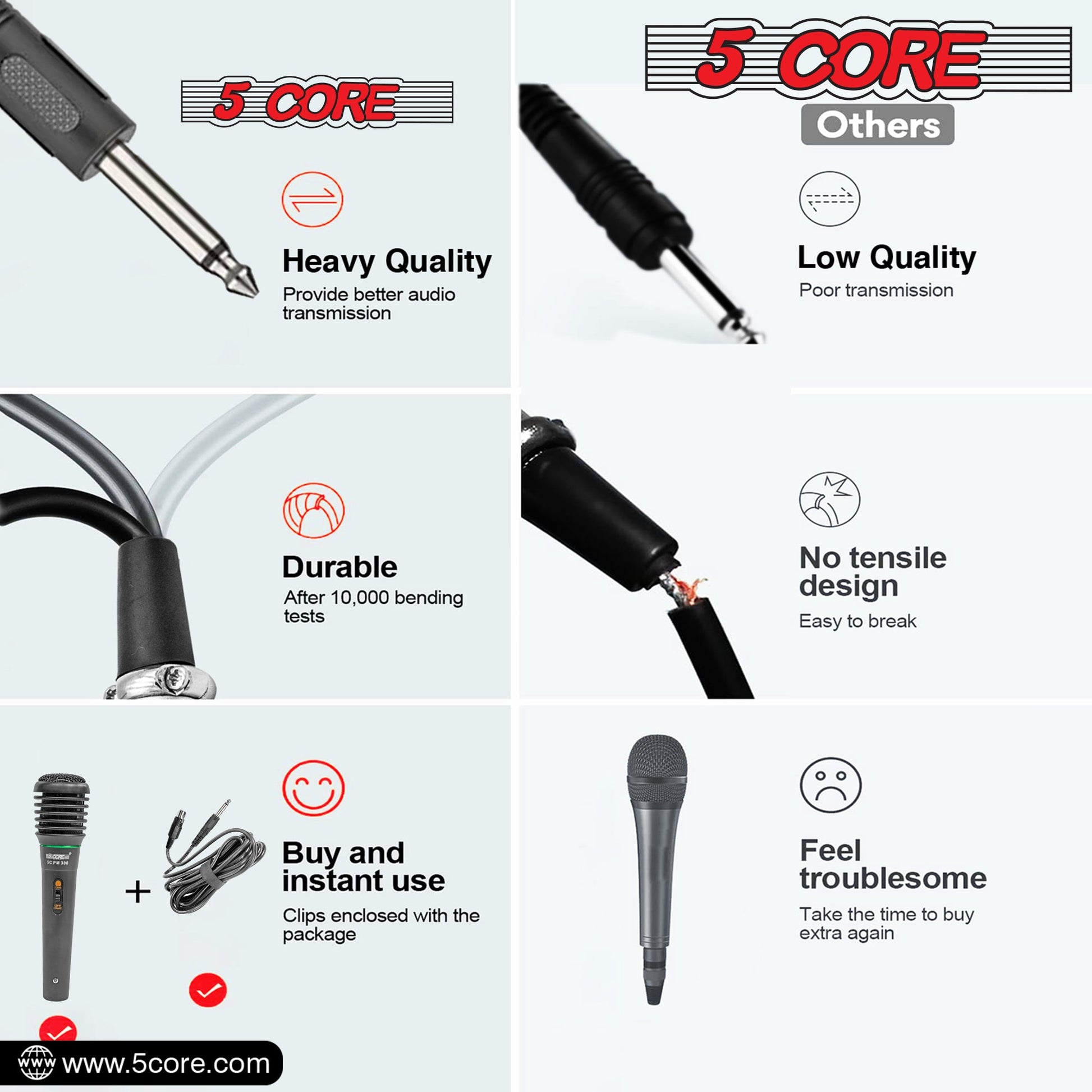 5 Core Microphone 2 Pieces Black Karaoke XLR Wired Mic Professional Studio Microfonos w Integrated Pop Filter Dynamic Moving Coil Cardioid Unidirectional Pickup Micrófono for Singing DJ Podcast Speeches Includes Cable - 308P 2PCS-10