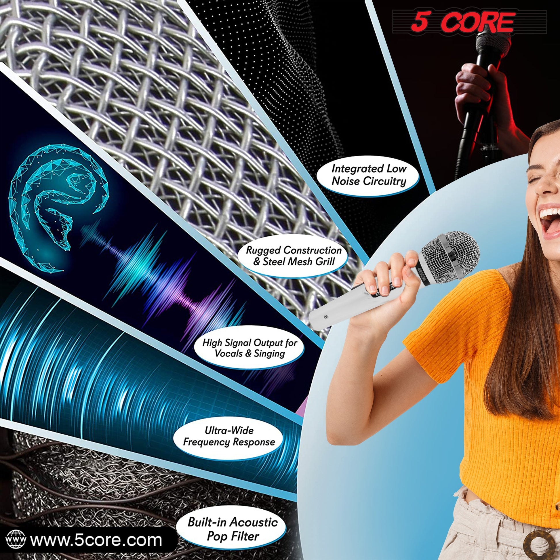 5 Core Microphone 4 Pieces Chrome Finish Professional Karaoke Dynamic XLR Wired Mic w ON/OFF Switch Integrated Pop Filter Cardioid Unidirectional Pickup Handheld Micrófono for Singing DJ Speeches Includes Cable Mic Holder - PM 111 CH 4PCS-9