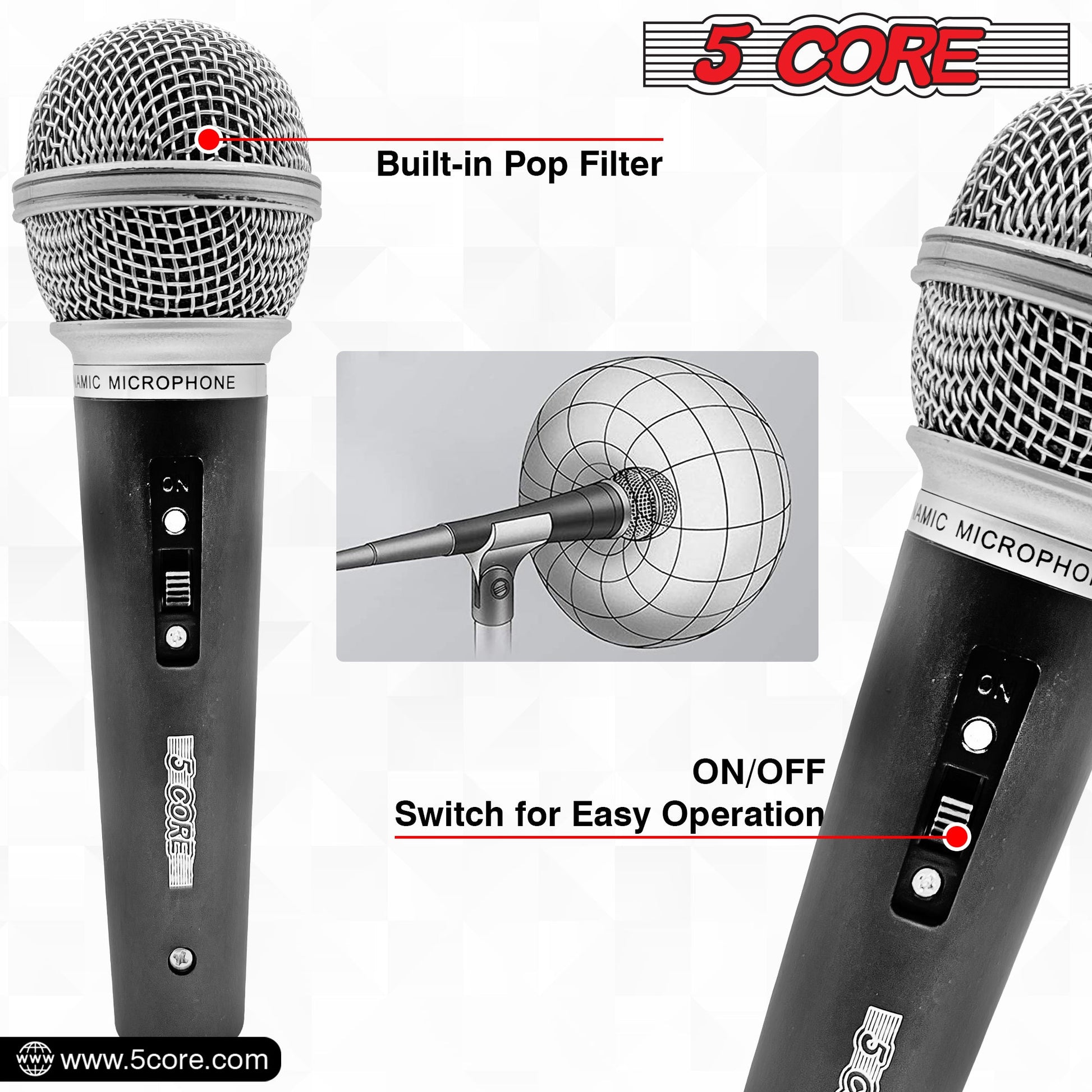 5 Core Microphone 3 Pieces Black Karaoke XLR Wired Mic Professional Studio Microfonos w ON/OFF Switch Integrated Pop Filter Dynamic Moving Coil Cardioid Unidirectional Pickup Handheld Micrófono for Singing DJ Podcast Speeches Includes Cable - PM-7