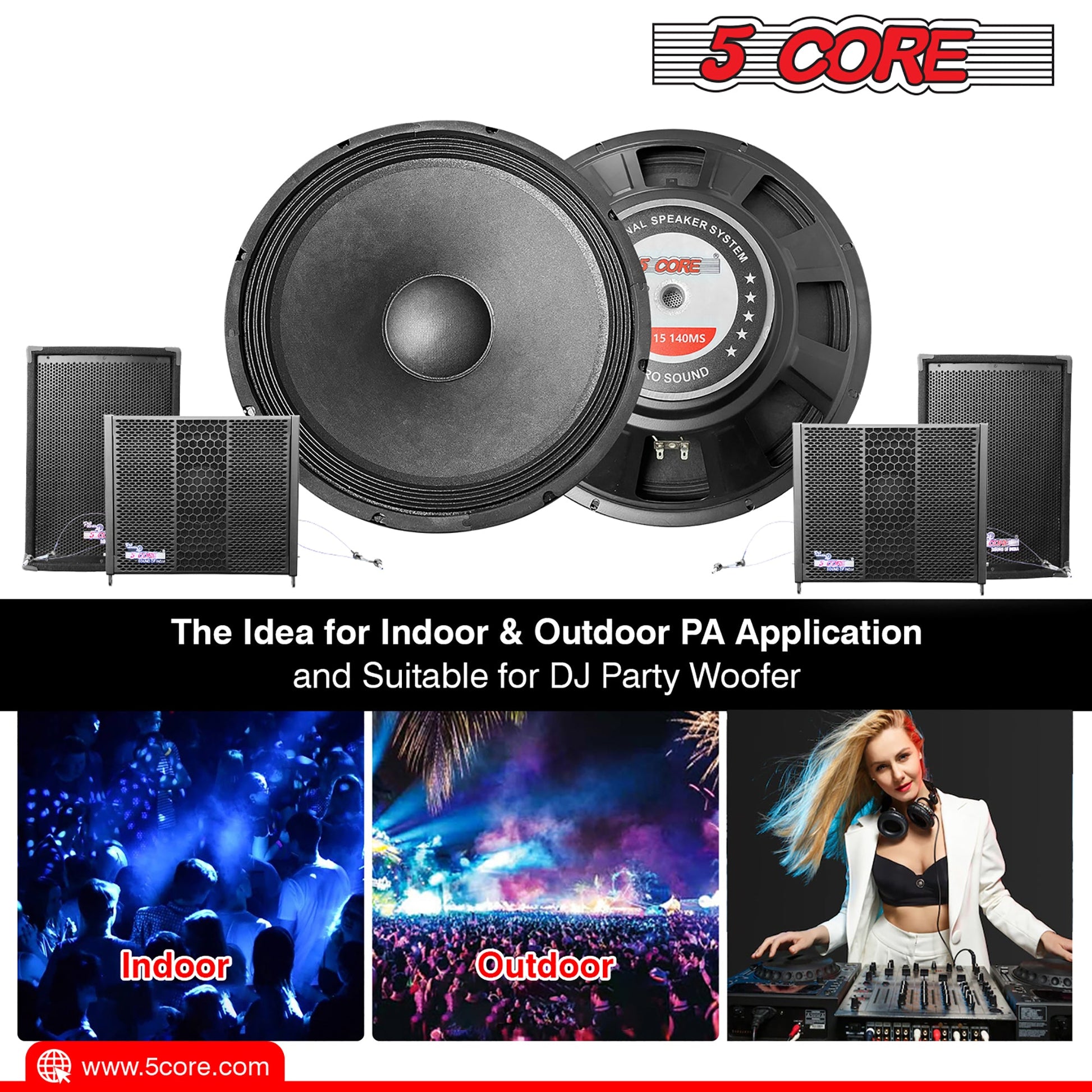 5 Core 15" Subwoofer Speaker - Black Cloth edge paper cone, 8 Ohm Impedance, 2000 Watt Power for Audio Stereo Sound System, DJ Setup and more - FR 15 140 MS 2PCS-15