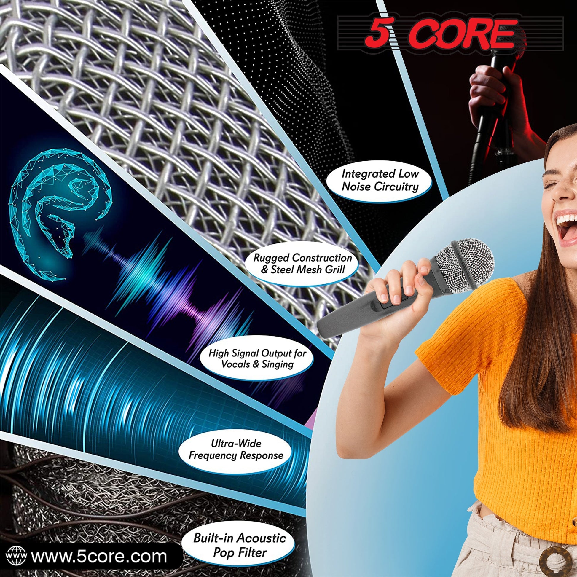 5 Core Microphone 2 Pieces Dynamic Professional Black Karaoke XLR Wired Mic w ON/OFF Switch Integrated Pop Filter Cardioid Unidirectional Pickup Handheld Micrófono for Singing DJ Podcast Speeches Includes Cable Mic Holder - PM 600 2PCS-11