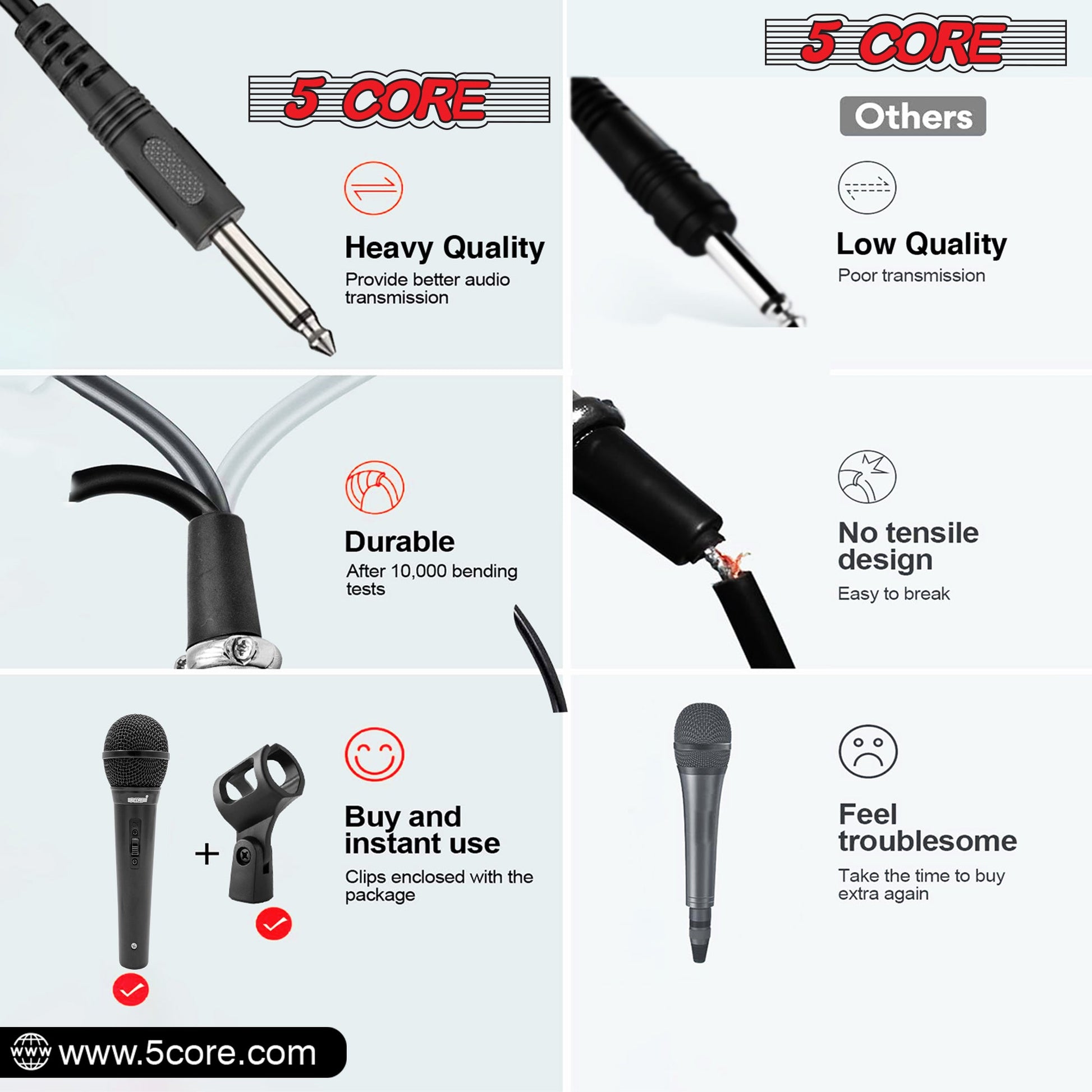 5 CORE 3 Pieces Premium Vocal Dynamic Cardioid Handheld Microphone Unidirectional Mic with Detachable XLR Cable to inch Audio Jack and On/Off Switch for Karaoke Singing - PM 101 BLK 3PCS-9