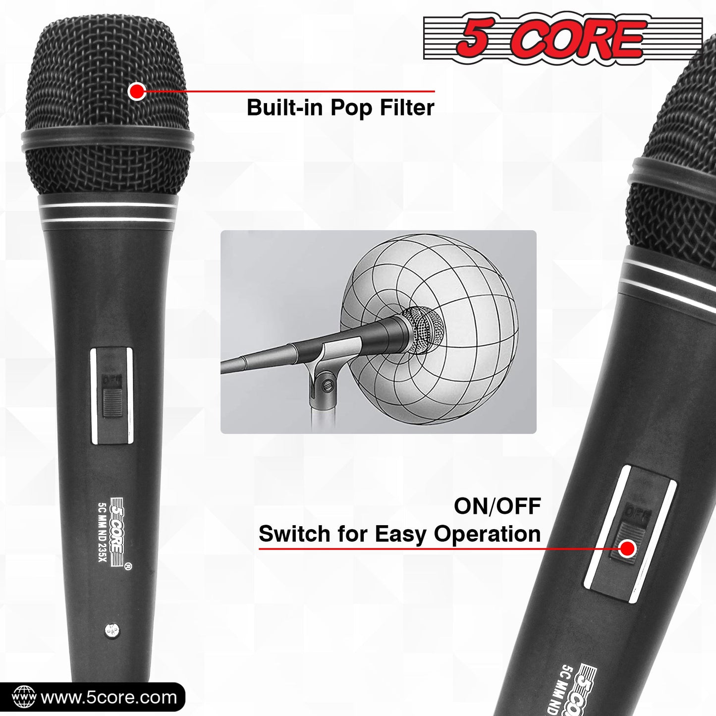 5 Core 2 Pieces Microphone Professional Black Dynamic Karaoke XLR Wired Mic w ON/OFF Switch Pop Filter Cardioid Unidirectional Pickup - ND 235X 2PCS-8