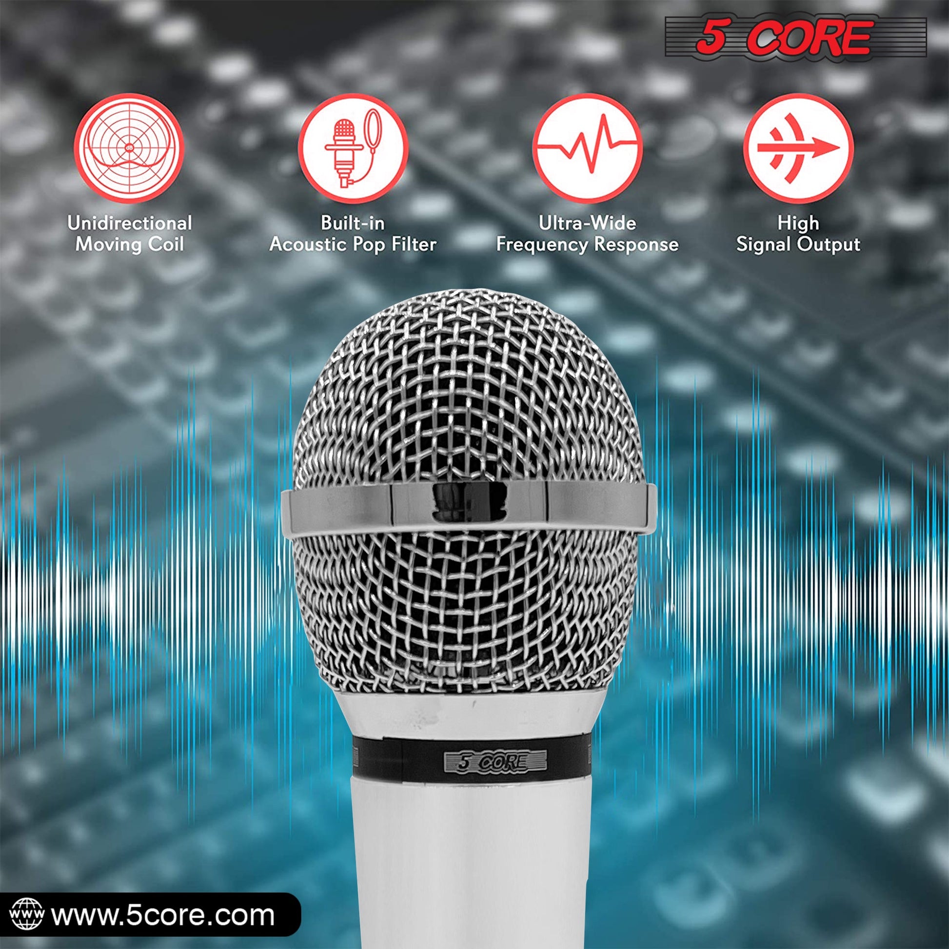 5 Core Microphone 4 Pieces Chrome Finish Professional Karaoke Dynamic XLR Wired Mic w ON/OFF Switch Integrated Pop Filter Cardioid Unidirectional Pickup Handheld Micrófono for Singing DJ Speeches Includes Cable Mic Holder - PM 111 CH 4PCS-10
