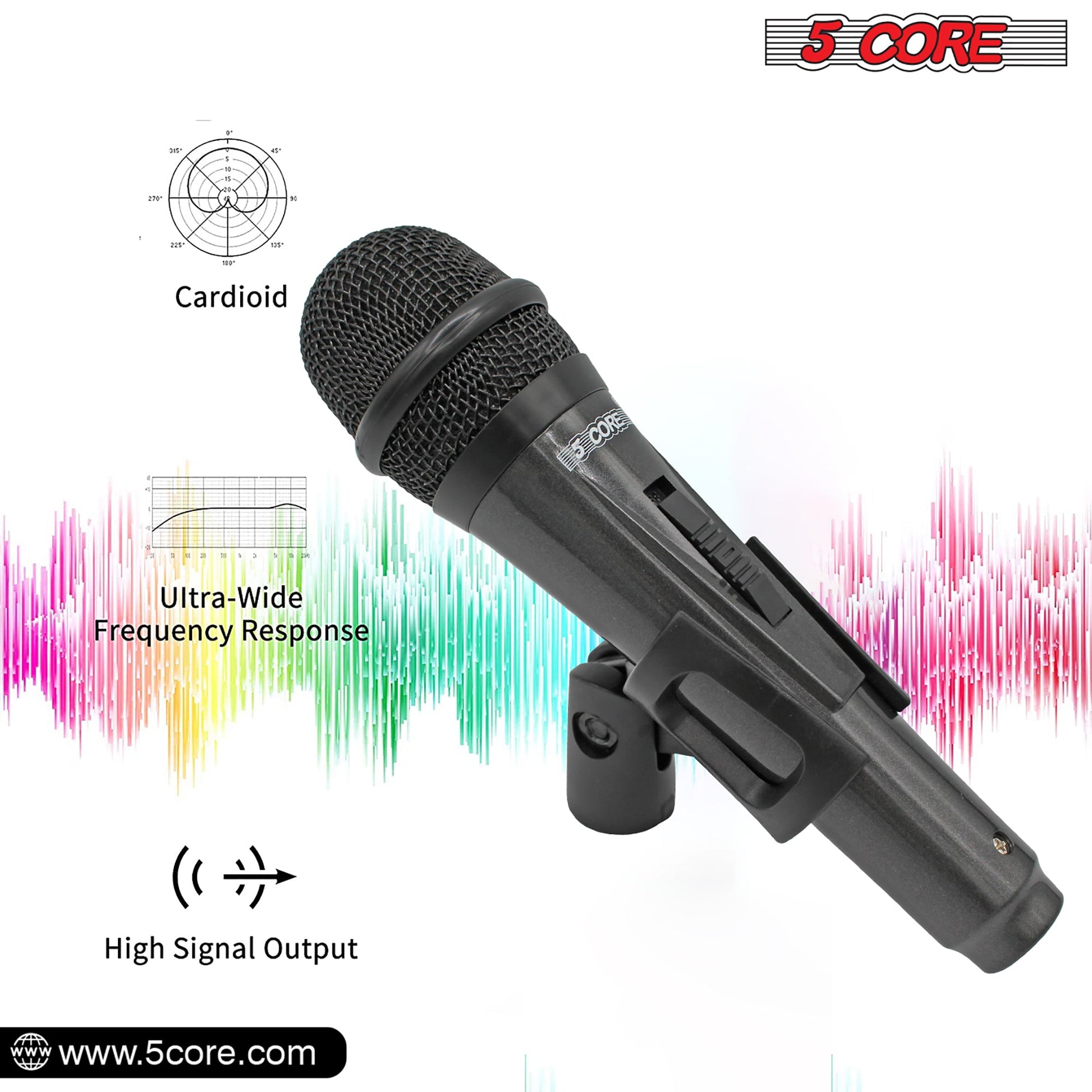 5 Core Microphone 1 Piece Professional Black Dynamic Karaoke XLR Wired Mic w ON/OFF Switch Integrated Pop Filter Cardioid Unidirectional Pickup Handheld Micrófono for Singing DJ Podcast Speeches Includes Cable Mic Holder - PM 816-7