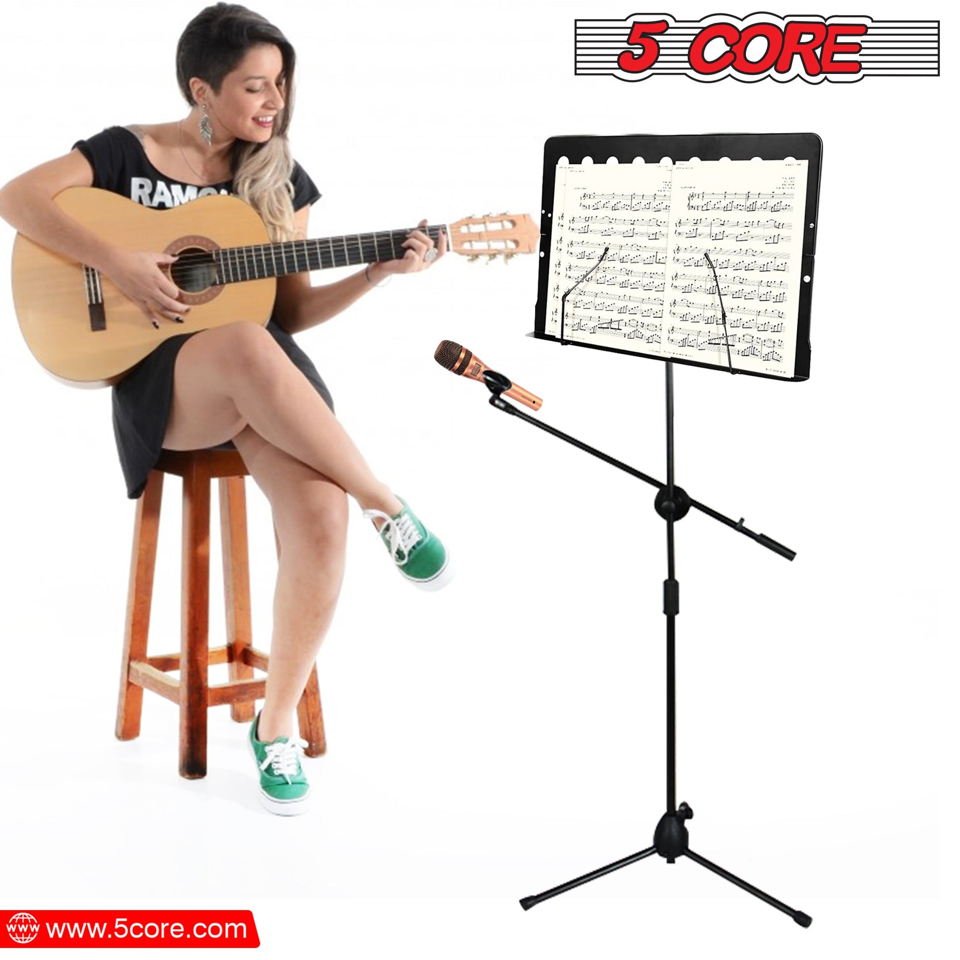 Ultimate Performance Combo: 5 Core Sheet Music Stand with Mic Stand Holder + Premium Vocal Dynamic Mic for Music and Karaoke Delights MUS MH+ND58BLK-12