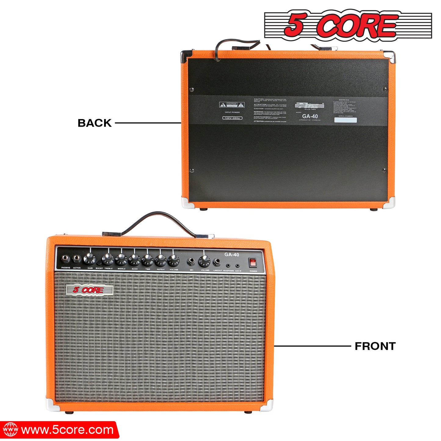 5 Core 40W Guitar Amplifier Orange - Clean and Distortion Channel - Electric Amp with Equalization and AUX Line Input - for Recording Studio, Practice Room, Small Courtyard- GA 40 ORG-10