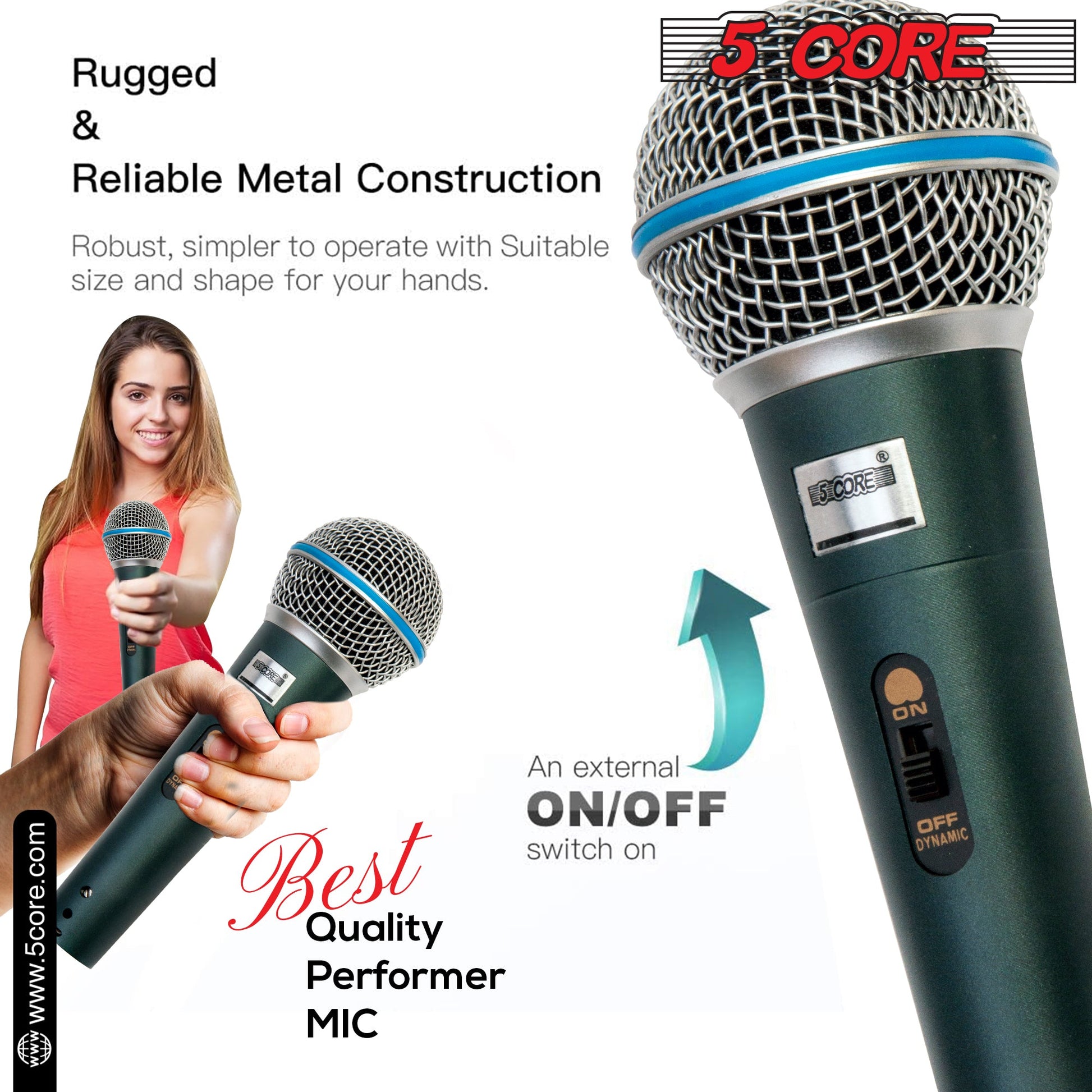 5 Core Microphone 2 Pieces Green Karaoke XLR Wired Professional Studio Mic w ON/OFF Switch Integrated Pop Filter Dynamic Cardioid Unidirectional Handheld Micrófono for Singing DJ Speeches Includes Cable Mic Holder Bag - BETA 2PCS-9