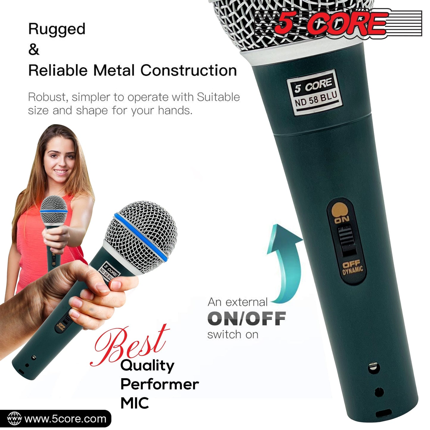 5 Core Microphone Professional Dynamic Karaoke XLR Wired Mic w ON/OFF Switch Pop Filter Cardioid Unidirectional Pickup Handheld Micrófono -ND 58 BLU 2PCS-8