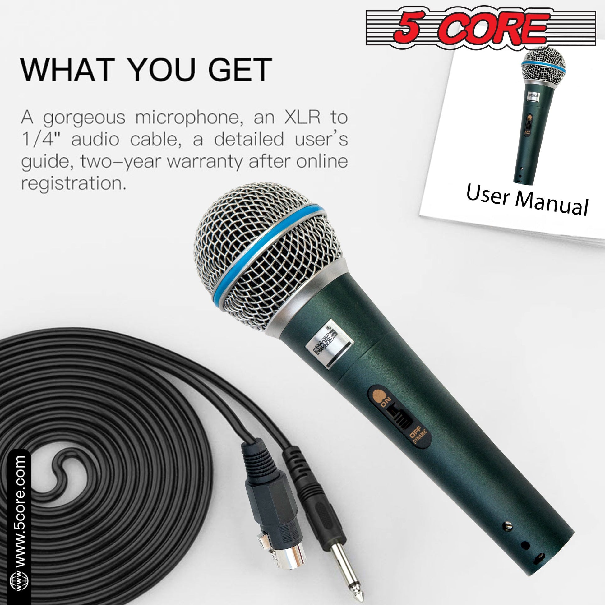 5 Core Microphone 2 Pieces Green Karaoke XLR Wired Professional Studio Mic w ON/OFF Switch Integrated Pop Filter Dynamic Cardioid Unidirectional Handheld Micrófono for Singing DJ Speeches Includes Cable Mic Holder Bag - BETA 2PCS-10