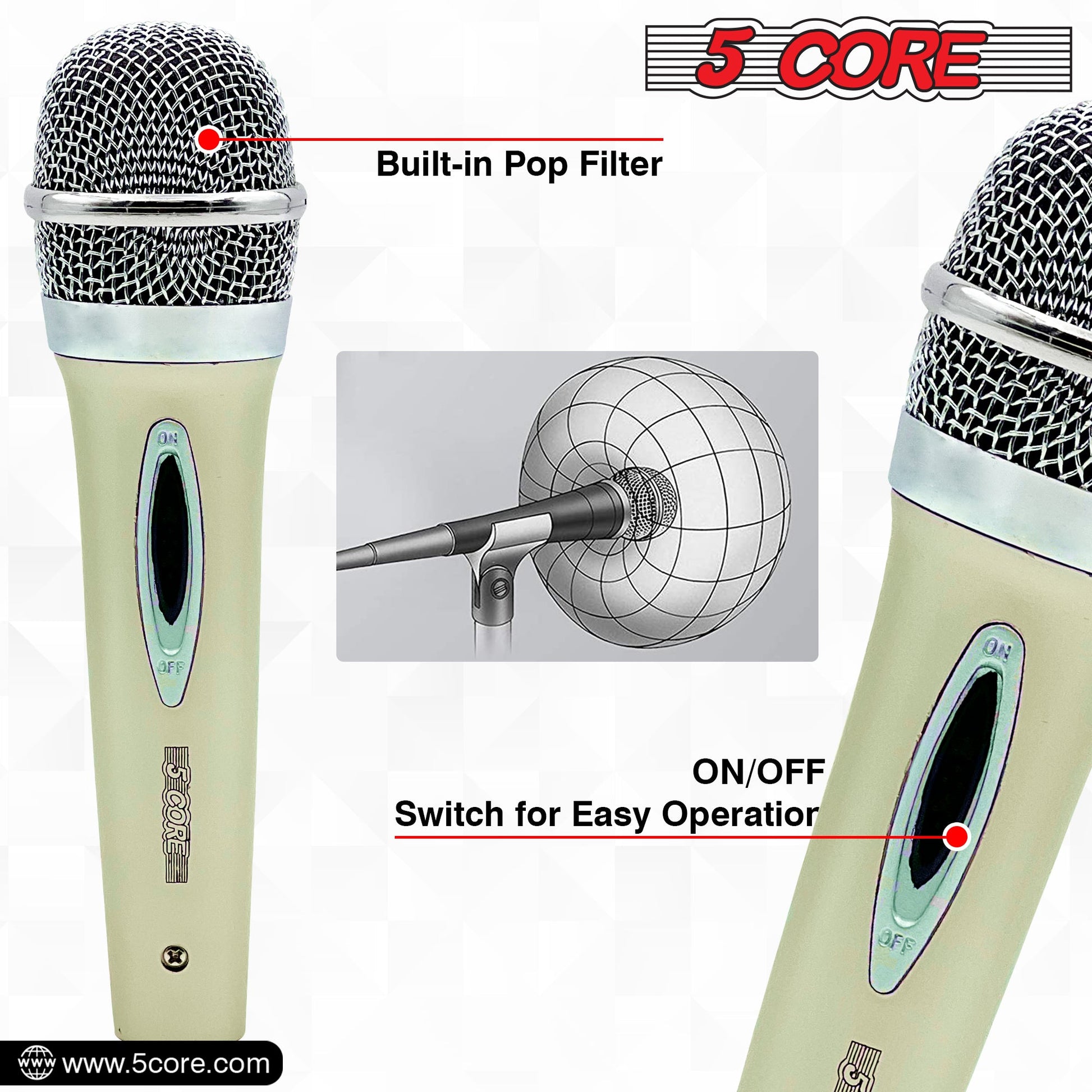 5 Core Microphone 2 Pcs White Karaoke XLR Wired Mic Professional Studio Microfonos w ON/OFF Switch Integrated Pop Filter Dynamic Moving Coil Cardioid Unidirectional Pickup Handheld Micrófono for Singing DJ Podcast Speeches Includes Cable - PM 28-5