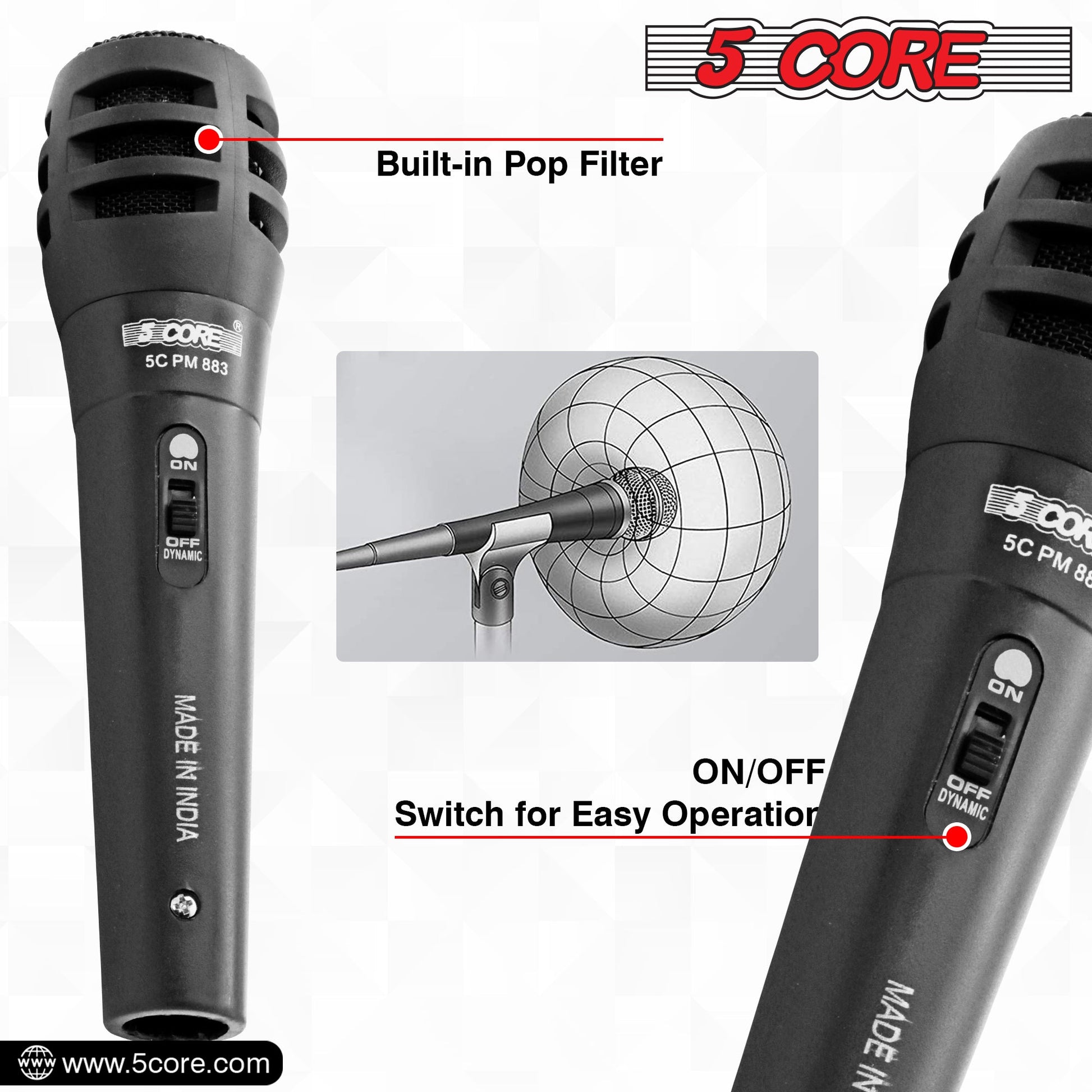 5 Core Microphone 4 Piece Professional Black Dynamic Karaoke XLR Wired Mic w ON/OFF Switch Integrated Pop Filter Cardioid Unidirectional Pickup Handheld Micrófono for Singing DJ Podcast Speeches Includes Cable Mic Holder Bag - PM-883 4PCS-6