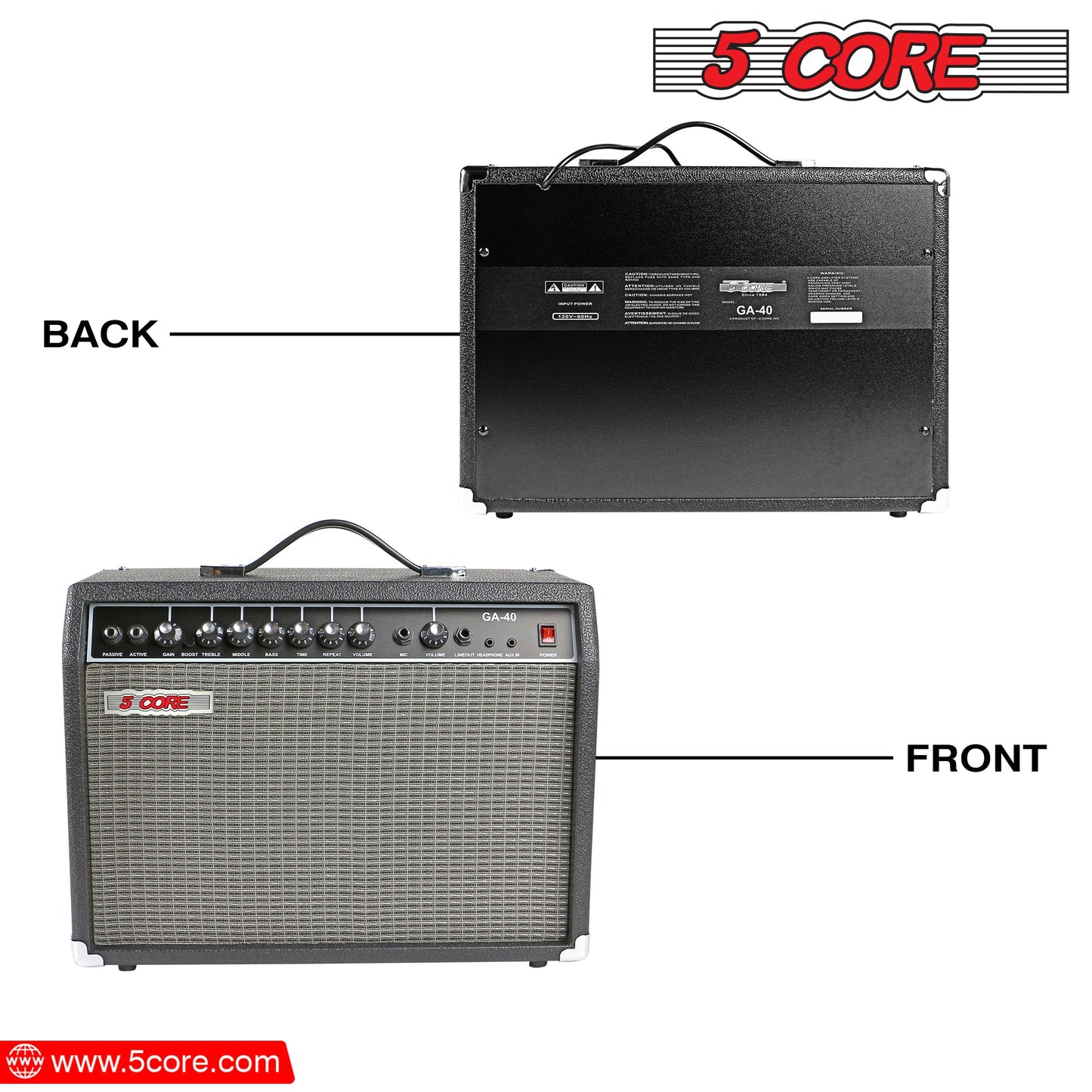 5 Core 40W Guitar Amplifier Black - Clean and Distortion Channel - Electric Amp with Equalization and AUX Line Input - for Recording Studio, Practice Room, Small Courtyard- GA 40 BLK-6