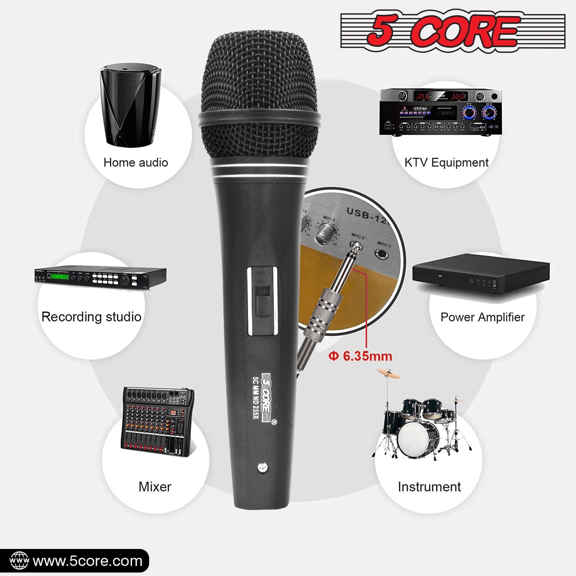 5 Core 2 Pieces Microphone Professional Black Dynamic Karaoke XLR Wired Mic w ON/OFF Switch Pop Filter Cardioid Unidirectional Pickup - ND 235X 2PCS-9