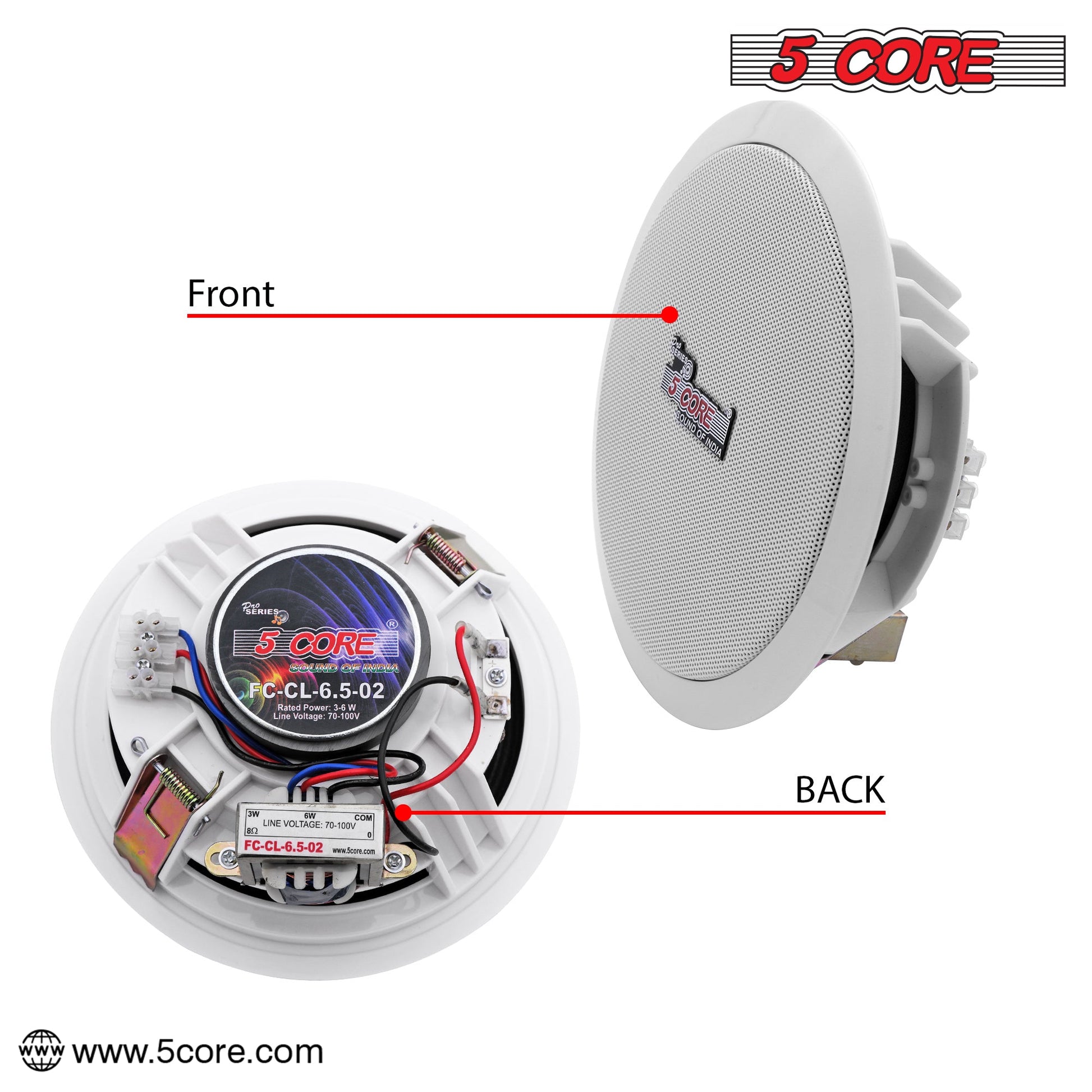 5 Core 6.5 Inch Ceiling Speaker System White in Wall Speakers 20W Rated Power 88dB Sensitivity Indoor Outdoor Ceiling Mount -CL 6.5-12 2W 6PCS-1