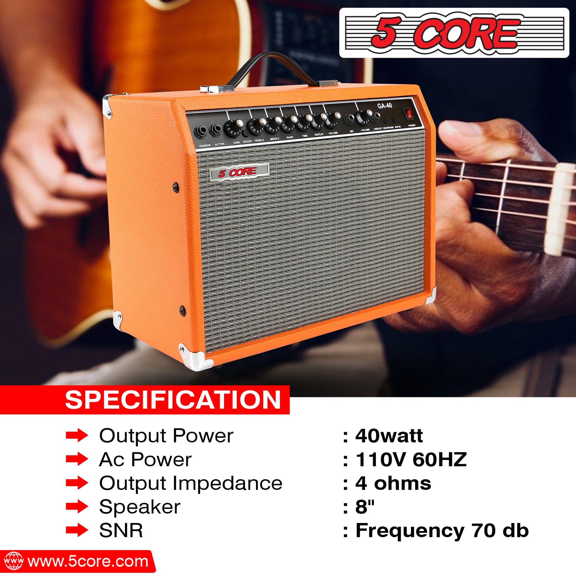 5 Core 40W Guitar Amplifier Orange - Clean and Distortion Channel - Electric Amp with Equalization and AUX Line Input - for Recording Studio, Practice Room, Small Courtyard- GA 40 ORG-12