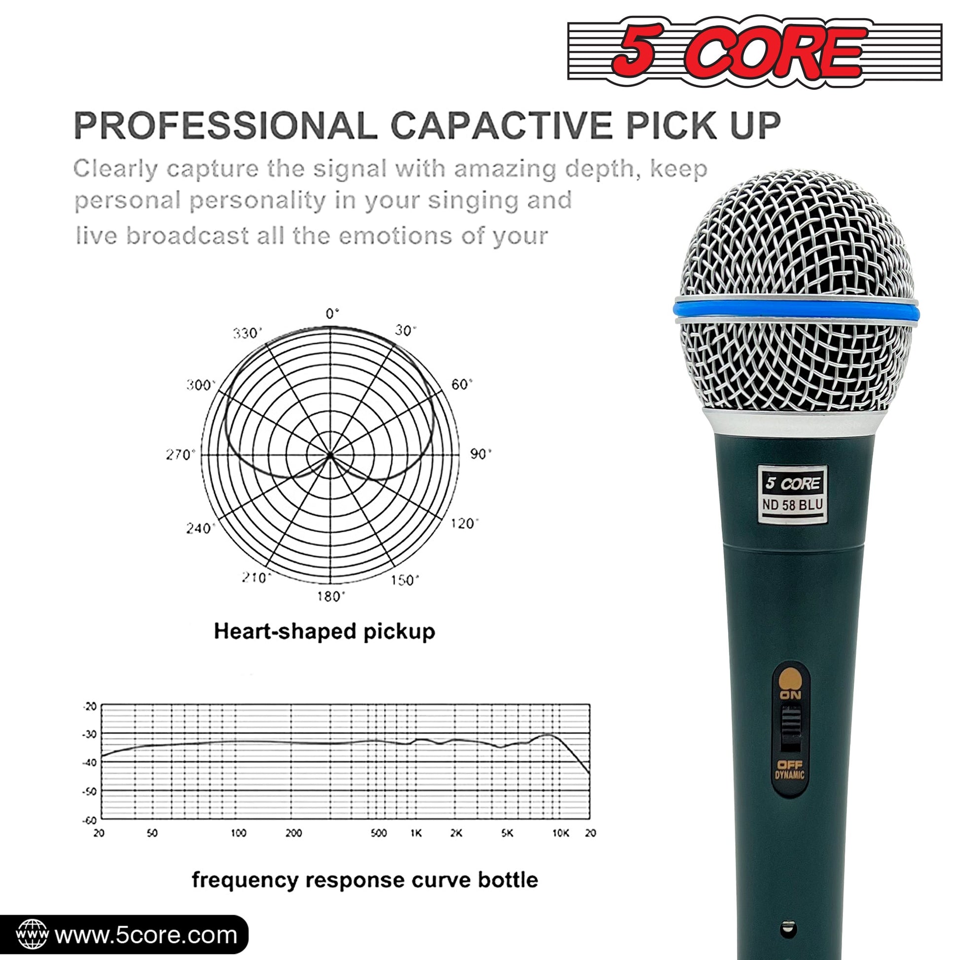 5 Core Microphone Professional Dynamic Karaoke XLR Wired Mic w ON/OFF Switch Pop Filter Cardioid Unidirectional Pickup Handheld Micrófono -ND 58 BLU 2PCS-10