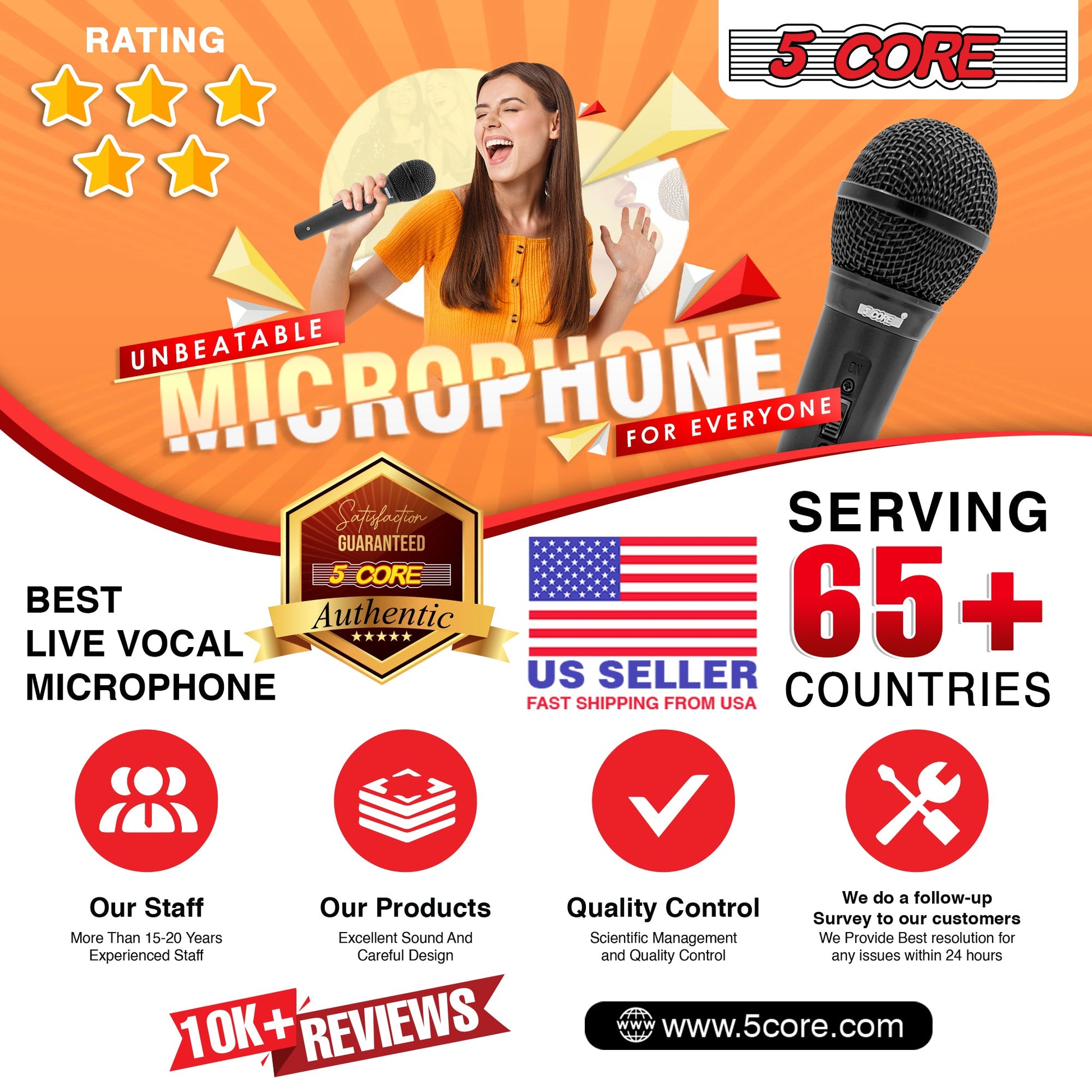 5 CORE 3 Pieces Premium Vocal Dynamic Cardioid Handheld Microphone Unidirectional Mic with Detachable XLR Cable to inch Audio Jack and On/Off Switch for Karaoke Singing - PM 101 BLK 3PCS-10