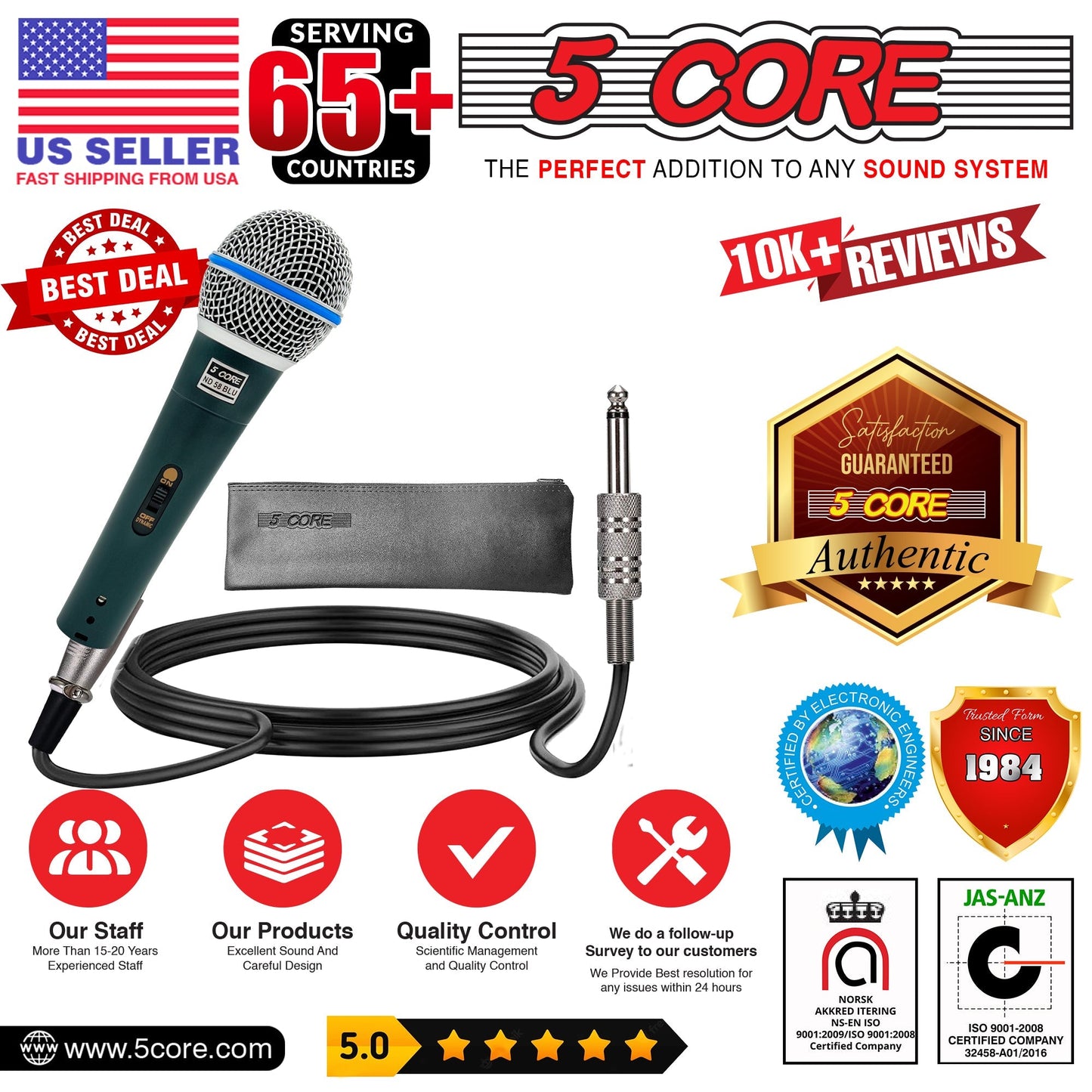 5 Core Microphone Professional Dynamic Karaoke XLR Wired Mic w ON/OFF Switch Pop Filter Cardioid Unidirectional Pickup Handheld Micrófono -ND 58 BLU 2PCS-13
