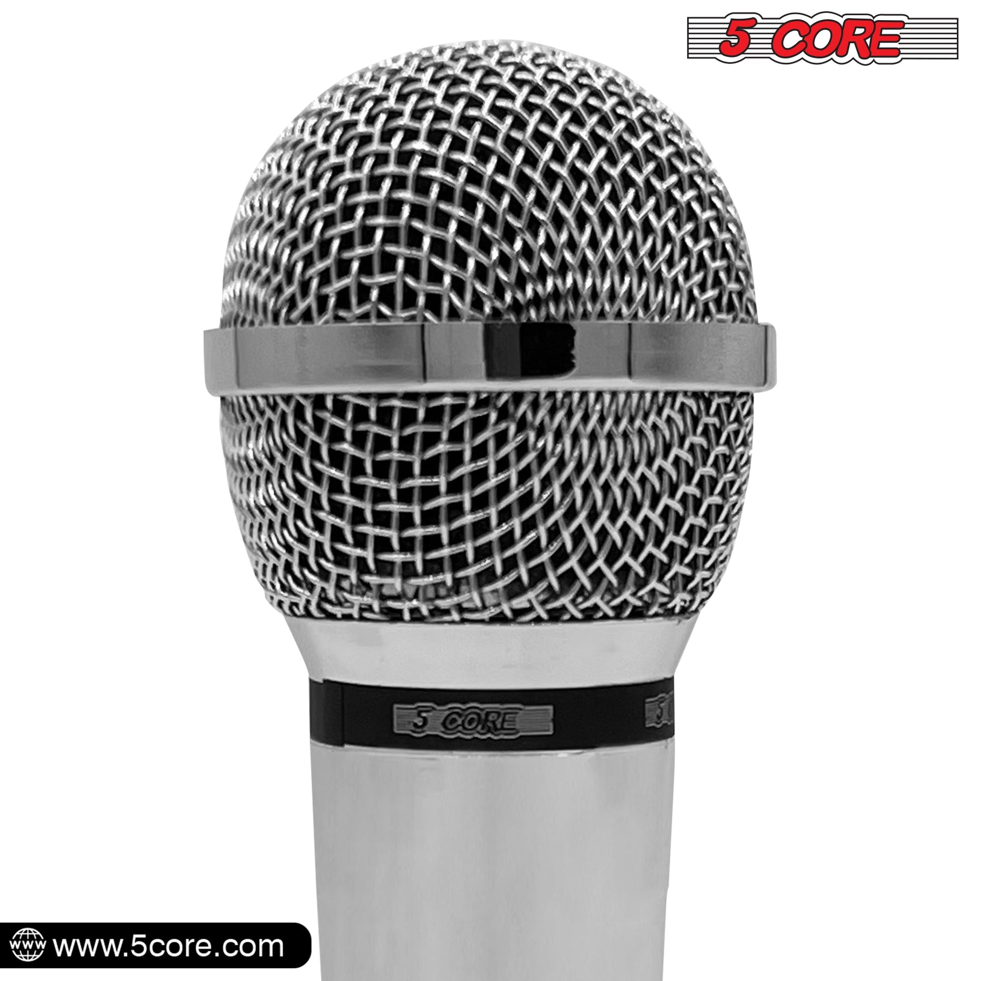 5 Core Microphone 4 Pieces Chrome Finish Professional Karaoke Dynamic XLR Wired Mic w ON/OFF Switch Integrated Pop Filter Cardioid Unidirectional Pickup Handheld Micrófono for Singing DJ Speeches Includes Cable Mic Holder - PM 111 CH 4PCS-5
