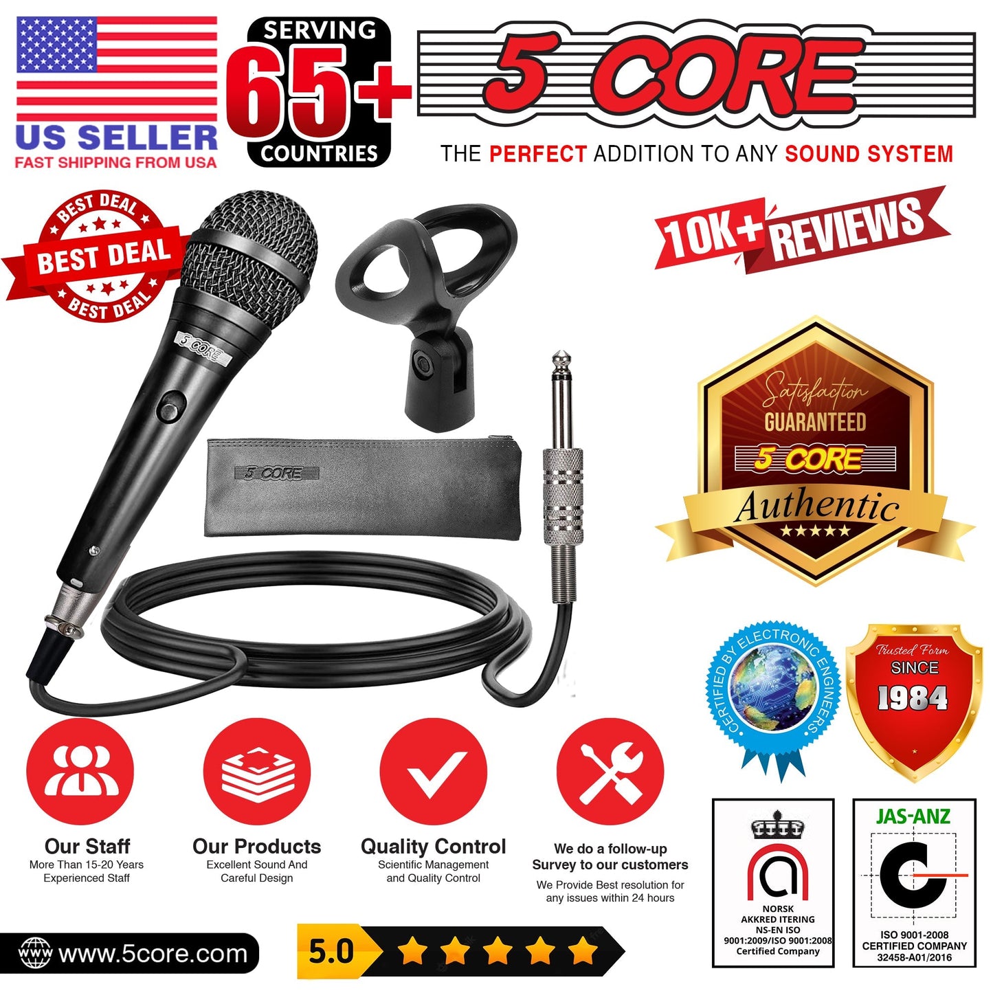 5 Core Microphone Professional Dynamic Black Karaoke XLR Wired Mic w ON/OFF Switch Pop Filter Cardioid Unidirectional Pickup Handheld Micrófono -ND-58 2PCS-13
