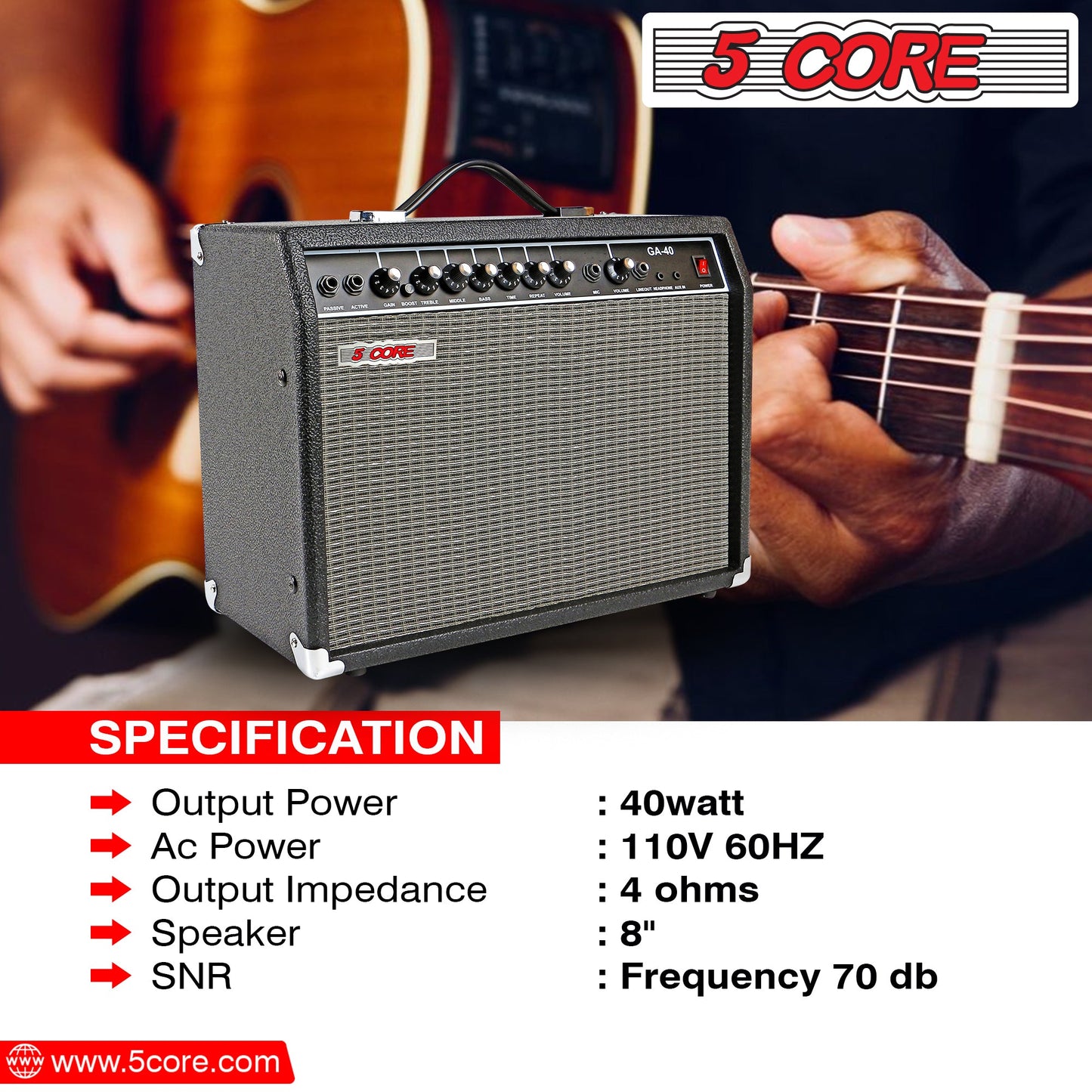 5 Core 40W Guitar Amplifier Black - Clean and Distortion Channel - Electric Amp with Equalization and AUX Line Input - for Recording Studio, Practice Room, Small Courtyard- GA 40 BLK-13