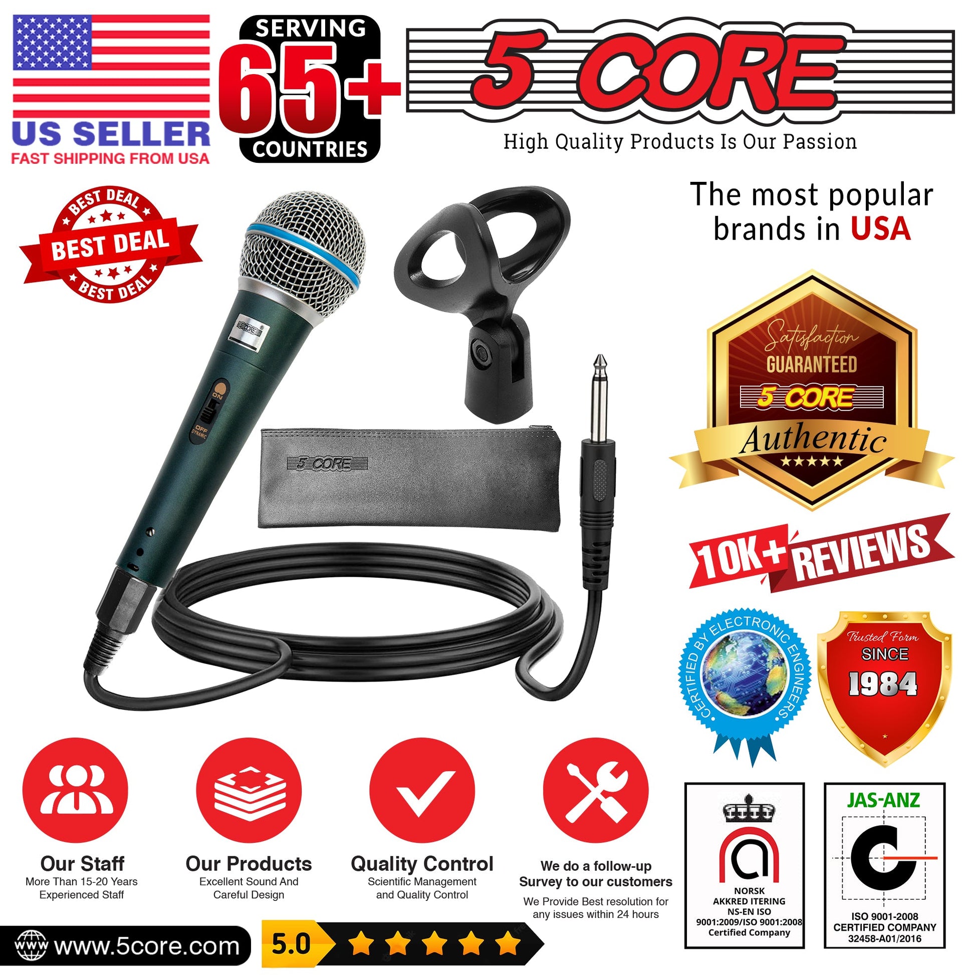 5 Core Microphone 2 Pieces Green Karaoke XLR Wired Professional Studio Mic w ON/OFF Switch Integrated Pop Filter Dynamic Cardioid Unidirectional Handheld Micrófono for Singing DJ Speeches Includes Cable Mic Holder Bag - BETA 2PCS-13