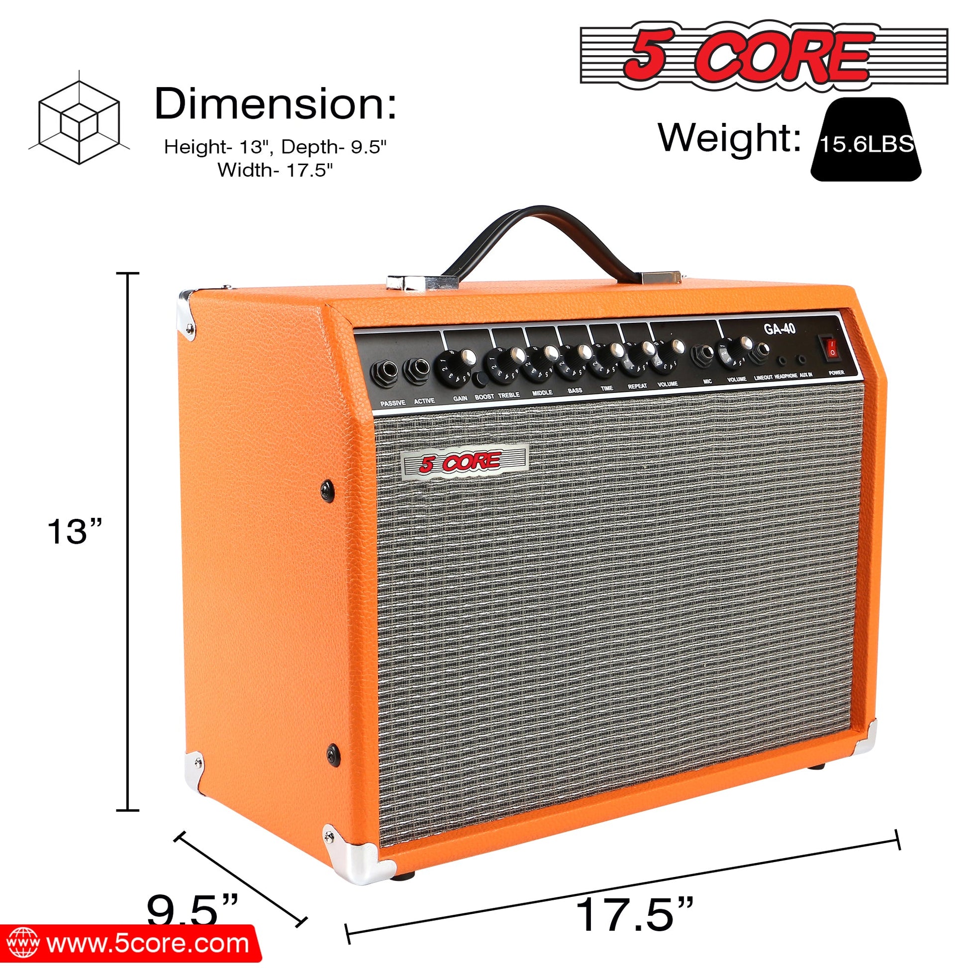 5 Core 40W Guitar Amplifier Orange - Clean and Distortion Channel - Electric Amp with Equalization and AUX Line Input - for Recording Studio, Practice Room, Small Courtyard- GA 40 ORG-13