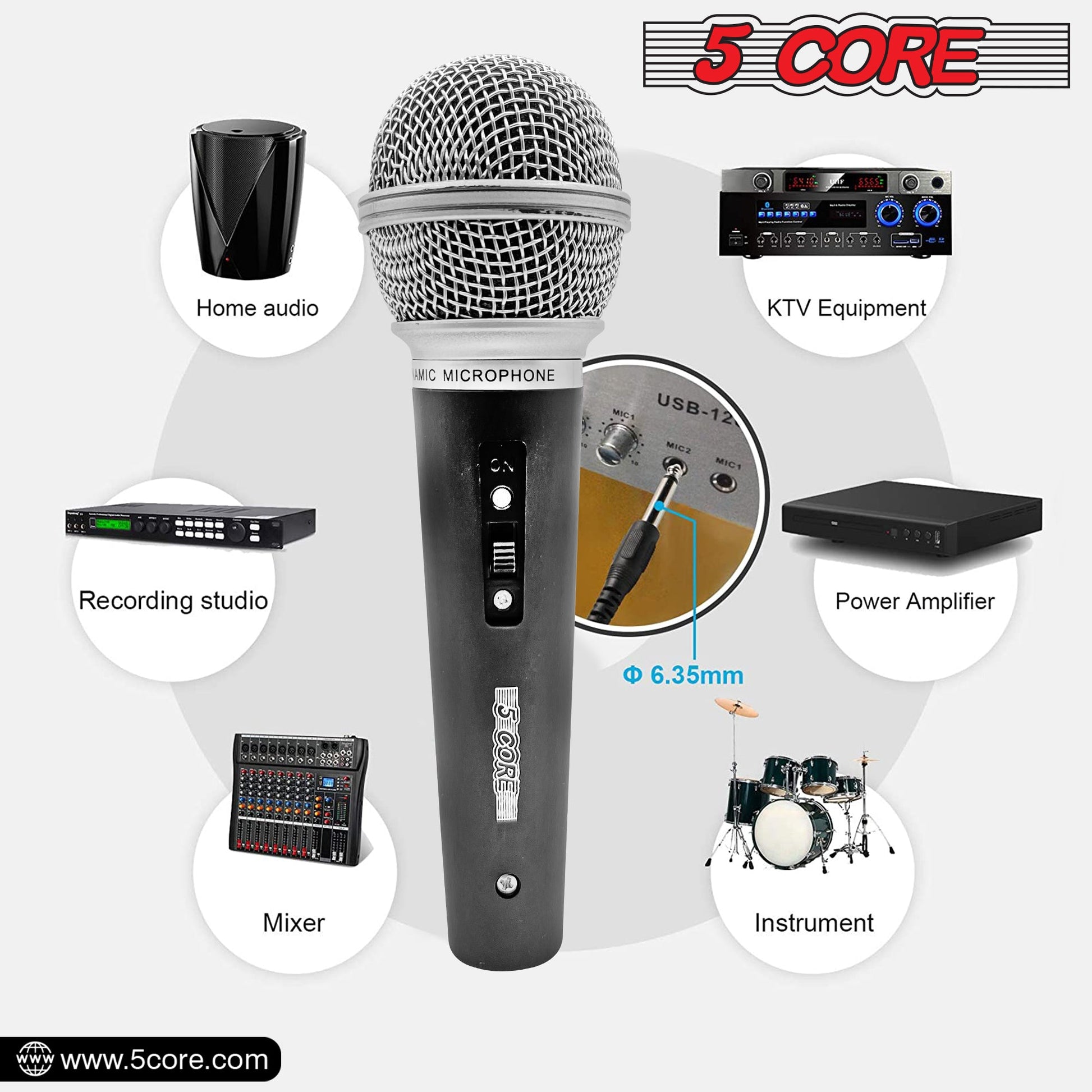 5 Core Microphone 2 Pieces Black Karaoke XLR Wired Mic Professional Studio Microfonos w ON/OFF Switch Integrated Pop Filter Dynamic Moving Coil Cardioid Unidirectional Pickup Handheld Micrófono for Singing DJ Podcast Speeches Includes Cable - PM-9