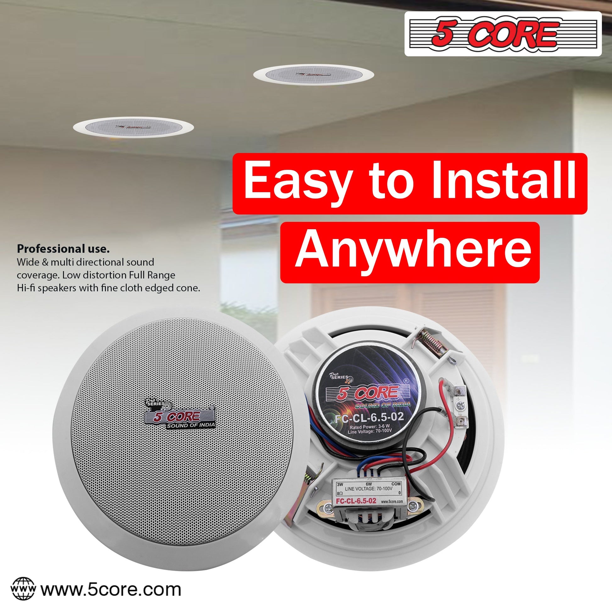 5 Core 6.5 Inch Ceiling Speaker System White in Wall Speakers 20W Rated Power 88dB Sensitivity Indoor Outdoor Ceiling Mount -CL 6.5-12 2W 6PCS-10