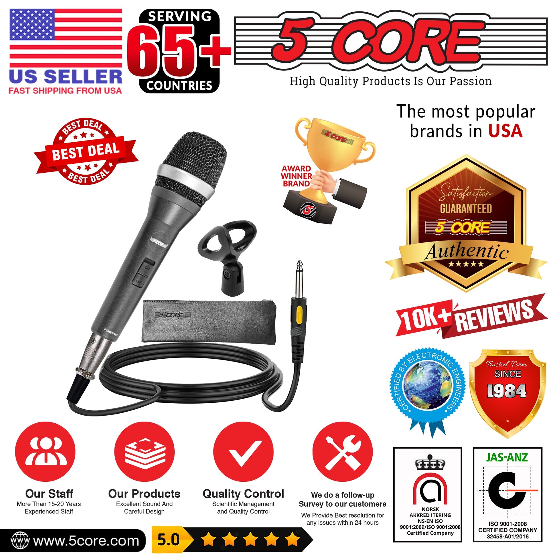 5 Core Microphone 3 Pieces Black Karaoke XLR Wired Mic Professional Studio Microfonos w Integrated Pop Filter Dynamic Moving Coil Cardioid Unidirectional Pickup Micrófono for Singing DJ Podcast Speeches Includes Cable Mic Holder Bag - 5C-POWER 3-13