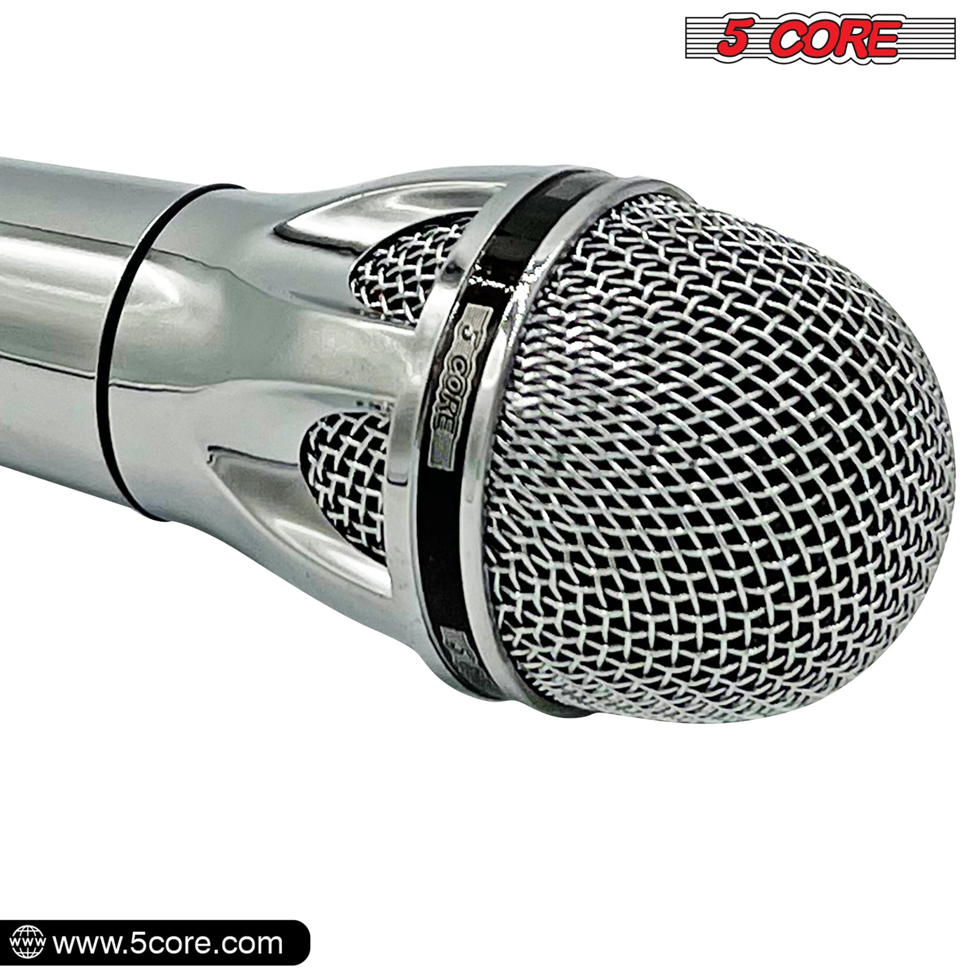 5 Core Microphone 4 Pieces Professional Chrome Finish Dynamic Karaoke XLR Wired Mic w ON/OFF Switch Integrated Pop Filter Cardioid Unidirectional Pickup Handheld Micrófono for Singing DJ Podcast Speeches Includes Cable Mic Holder - PM 817 CH 4PC-2