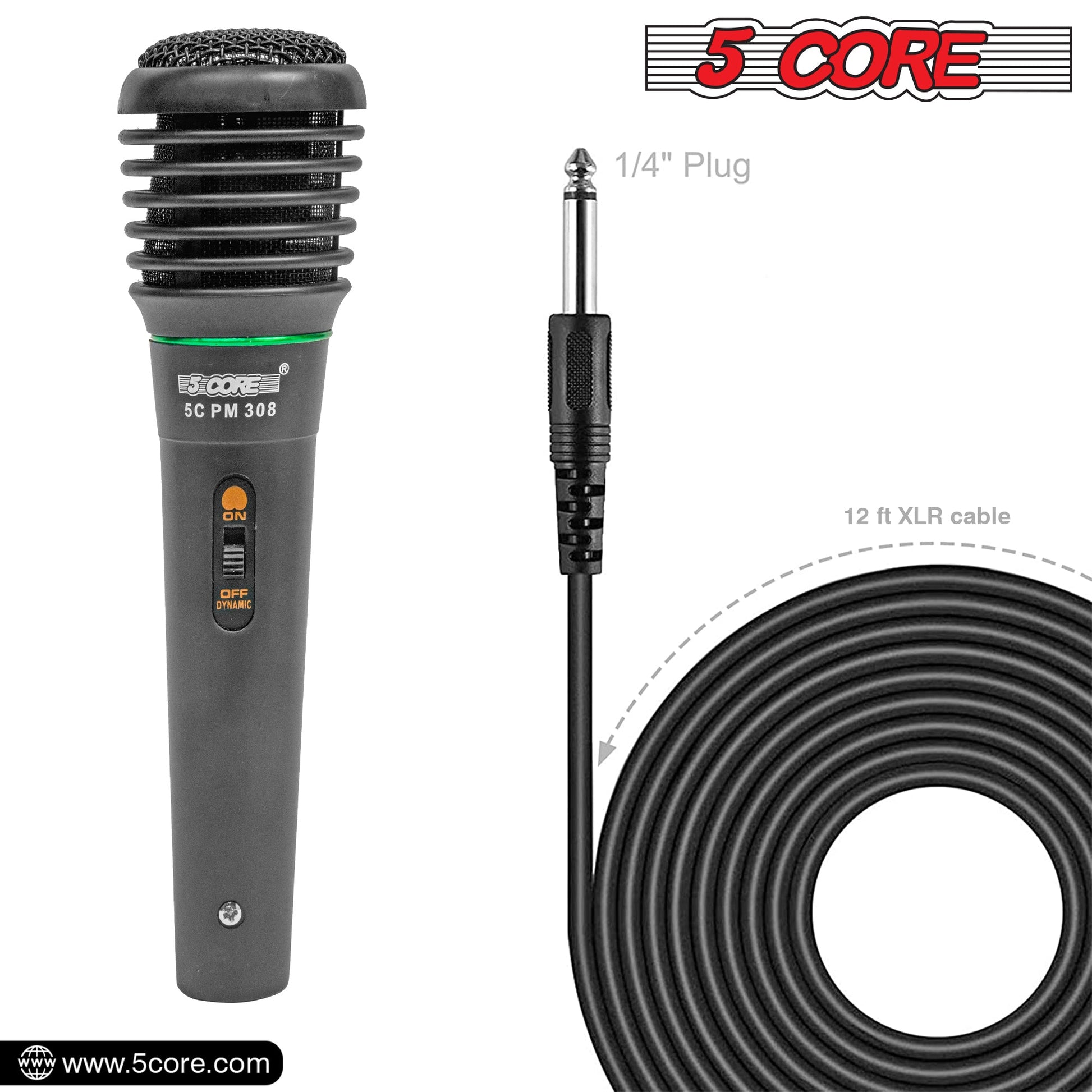 5 Core Microphone 2 Pieces Black Karaoke XLR Wired Mic Professional Studio Microfonos w Integrated Pop Filter Dynamic Moving Coil Cardioid Unidirectional Pickup Micrófono for Singing DJ Podcast Speeches Includes Cable - 308P 2PCS-1