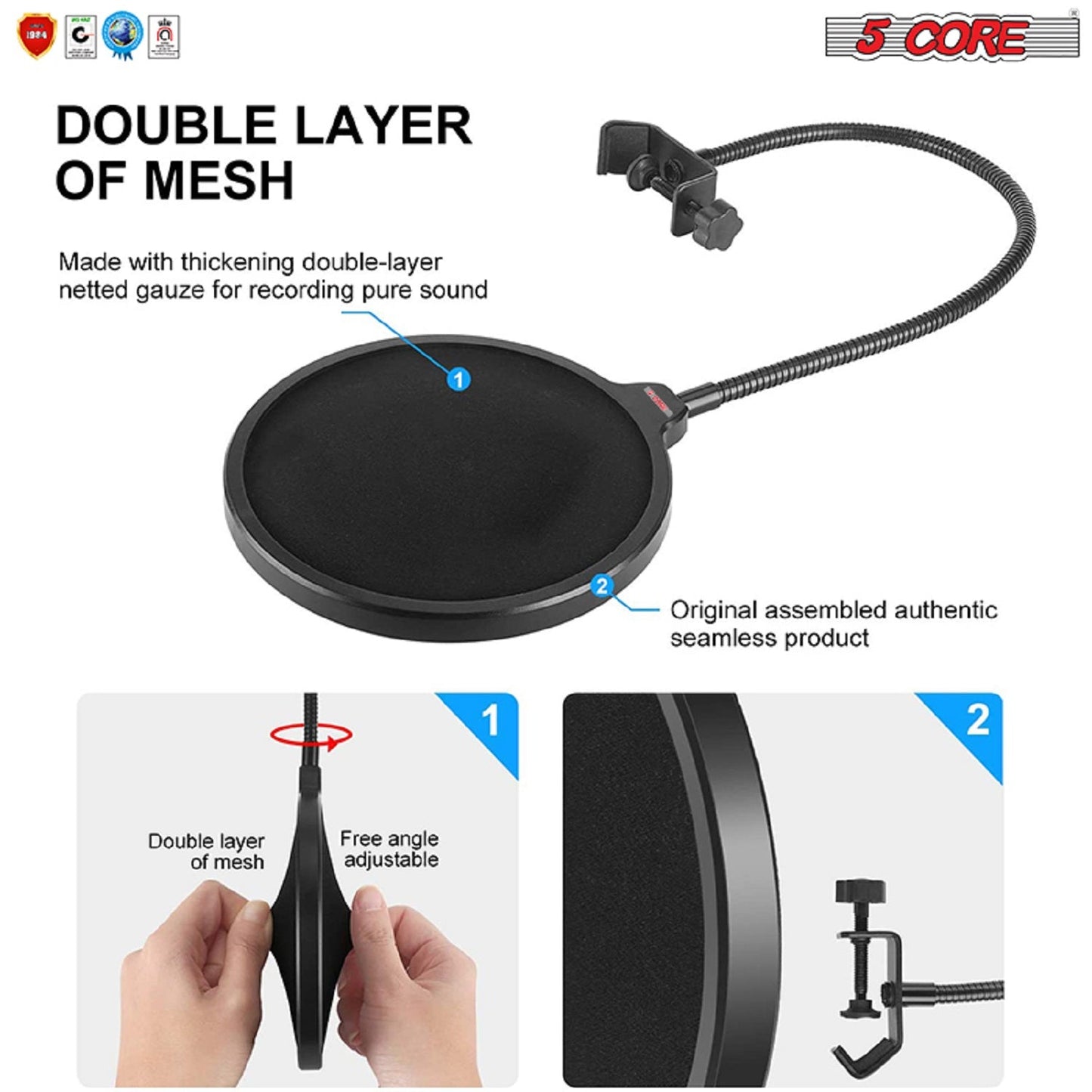 5Core New Double Layer Studio Microphone Wind Screen Mask Gooseneck Shield Pop Filter