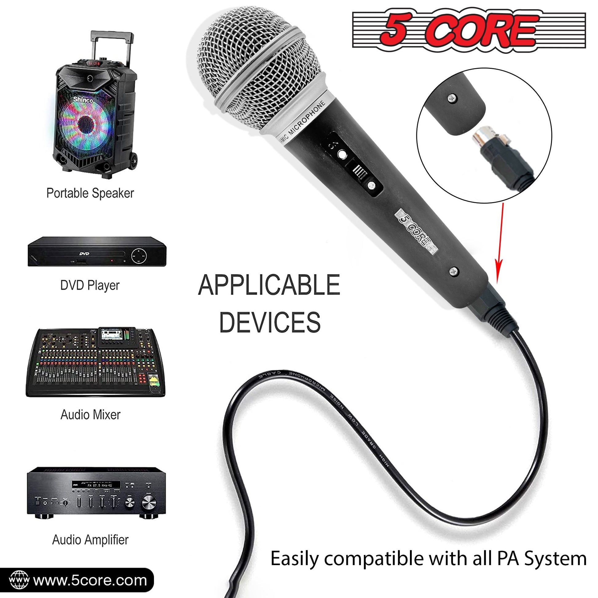5 Core Microphone 3 Pieces Black Karaoke XLR Wired Mic Professional Studio Microfonos w ON/OFF Switch Integrated Pop Filter Dynamic Moving Coil Cardioid Unidirectional Pickup Handheld Micrófono for Singing DJ Podcast Speeches Includes Cable - PM-10