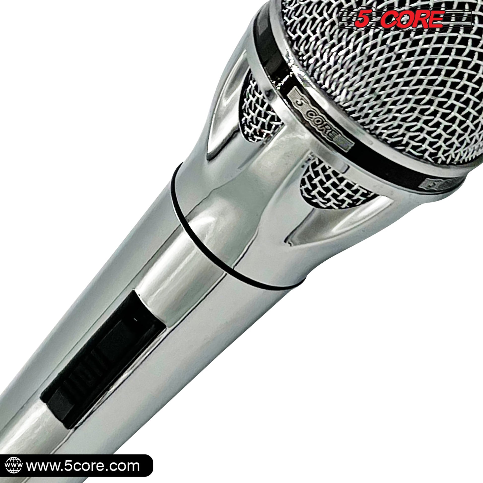 5 Core Microphone 4 Pieces Professional Chrome Finish Dynamic Karaoke XLR Wired Mic w ON/OFF Switch Integrated Pop Filter Cardioid Unidirectional Pickup Handheld Micrófono for Singing DJ Podcast Speeches Includes Cable Mic Holder - PM 817 CH 4PC-1