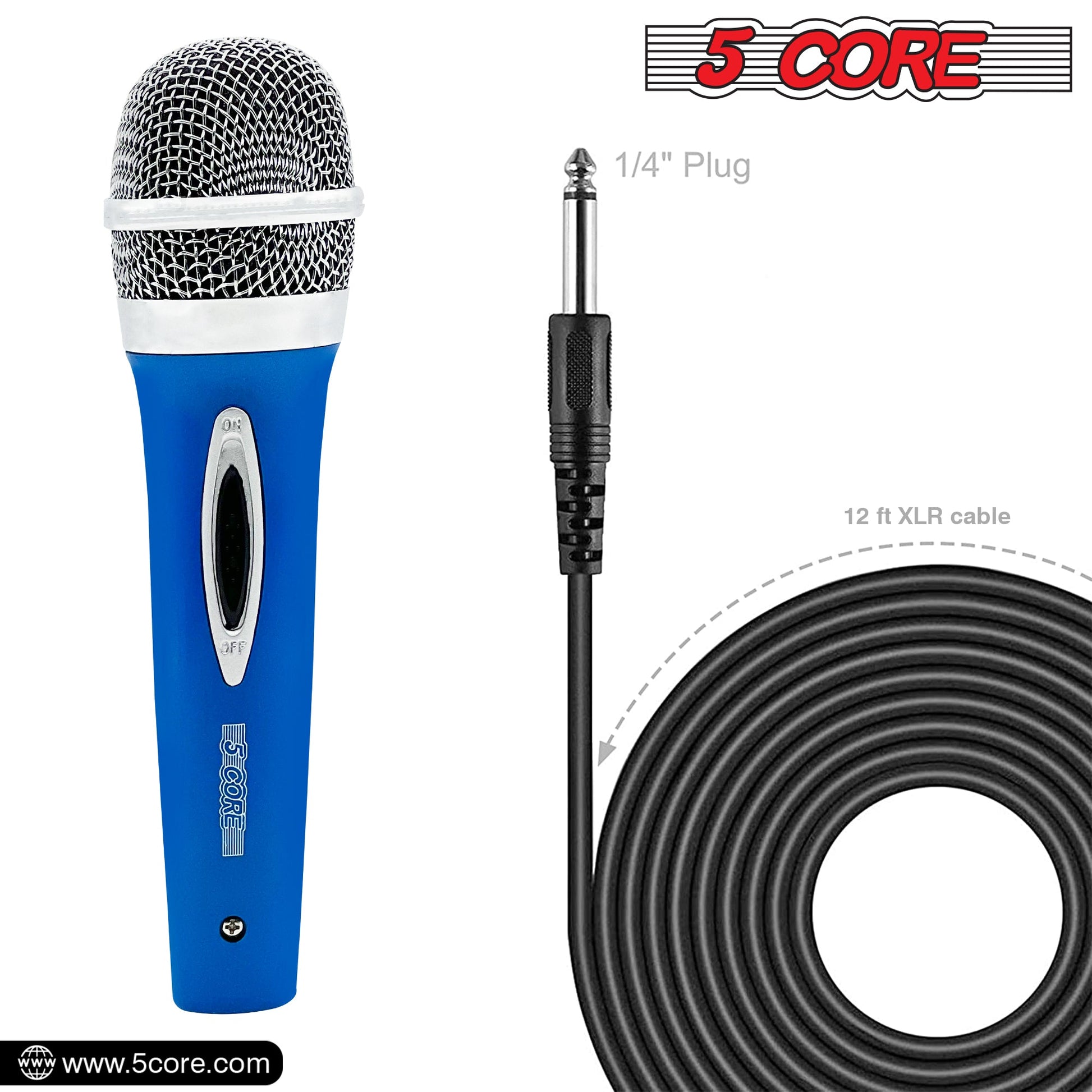 5 Core Microphone 2 Pcs Blue Karaoke XLR Wired Mic Professional Studio Microfonos w ON/OFF Switch Integrated Pop Filter Dynamic Moving Coil Cardioid Unidirectional Pickup Handheld Micrófono for Singing DJ Podcast Speeches Includes Cable - PM 286-2