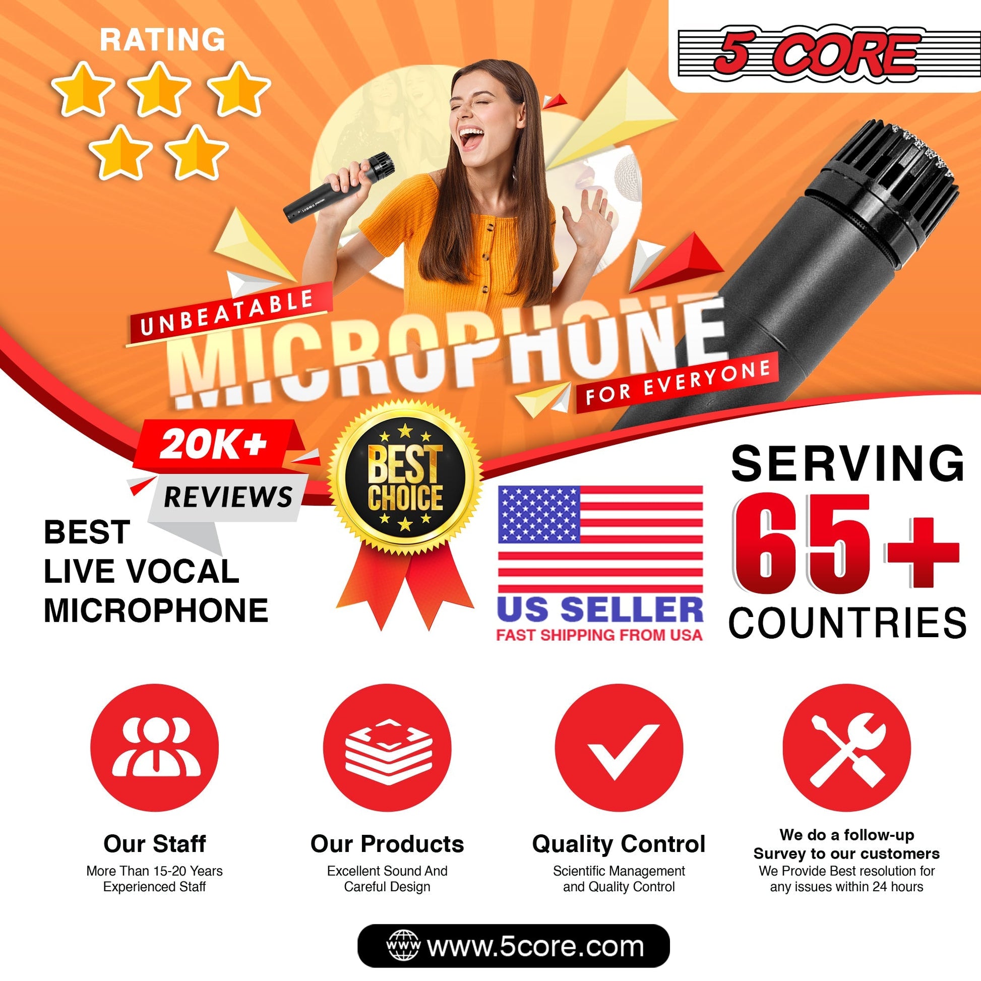 5 Core Microphone Professional Black Dynamic Karaoke XLR Wired Mic w Integrated Pop Filter Cardioid Unidirectional Pickup Handheld Micrófono -ND-57X 2PCS-9