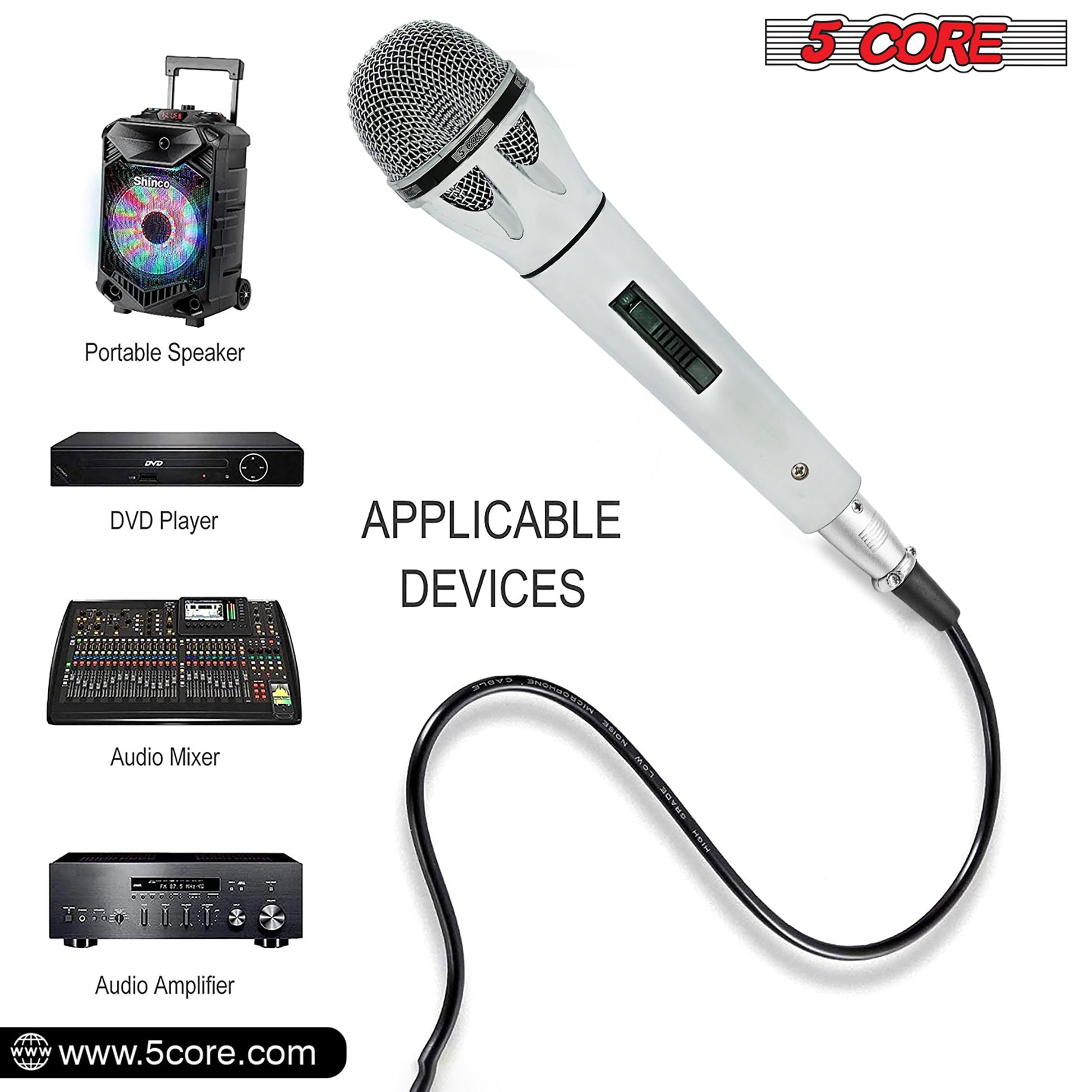 5 Core Microphone 4 Pieces Professional Chrome Finish Dynamic Karaoke XLR Wired Mic w ON/OFF Switch Integrated Pop Filter Cardioid Unidirectional Pickup Handheld Micrófono for Singing DJ Podcast Speeches Includes Cable Mic Holder - PM 817 CH 4PC-7