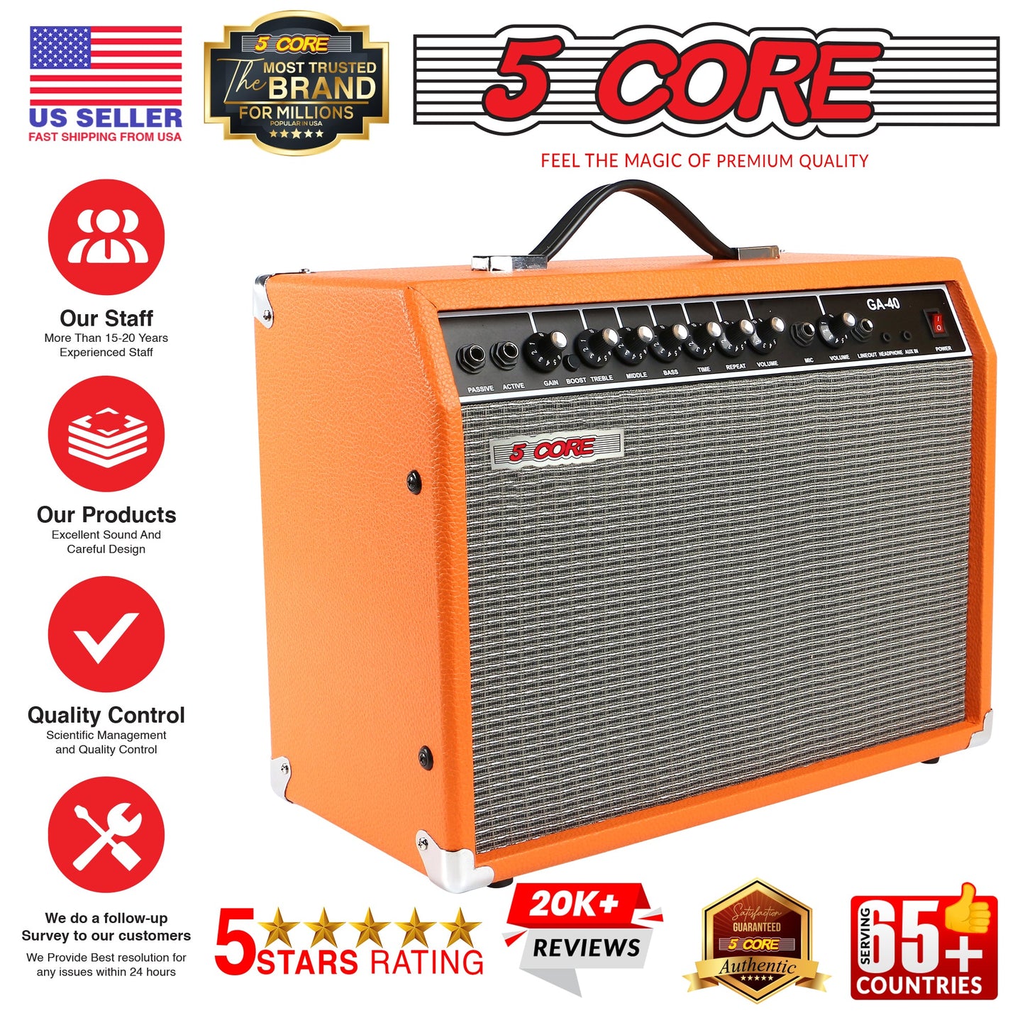 5 Core 40W Guitar Amplifier Orange - Clean and Distortion Channel - Electric Amp with Equalization and AUX Line Input - for Recording Studio, Practice Room, Small Courtyard- GA 40 ORG-16