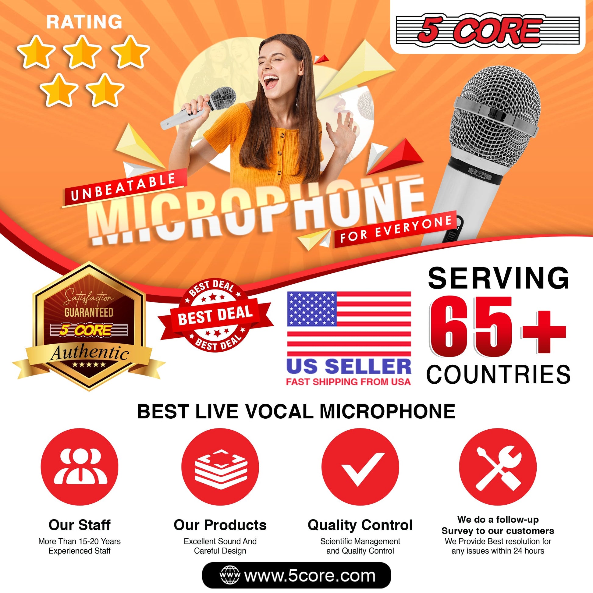 5 Core Microphone 4 Pieces Chrome Finish Professional Karaoke Dynamic XLR Wired Mic w ON/OFF Switch Integrated Pop Filter Cardioid Unidirectional Pickup Handheld Micrófono for Singing DJ Speeches Includes Cable Mic Holder - PM 111 CH 4PCS-18