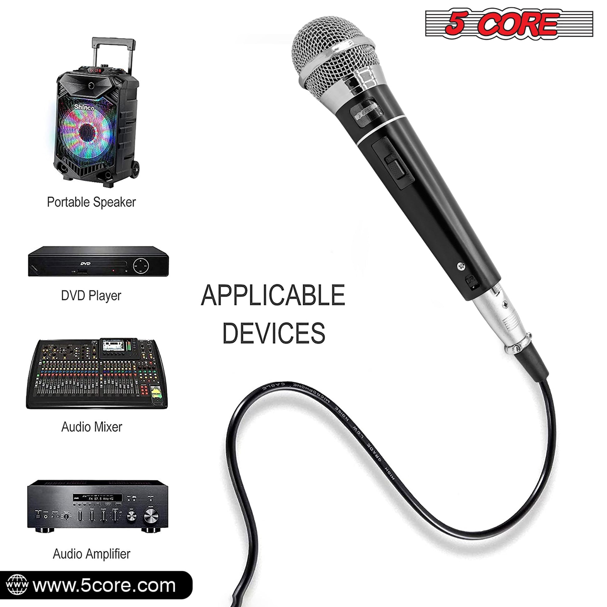5 Core Microphone 2 Pieces Black Professional Karaoke Dynamic XLR Wired Mic w ON/OFF Switch Integrated Pop Filter Cardioid Unidirectional Pickup Handheld Micrófono for Singing DJ Speeches Includes Cable Mic Holder -PM 100 2PCS-7