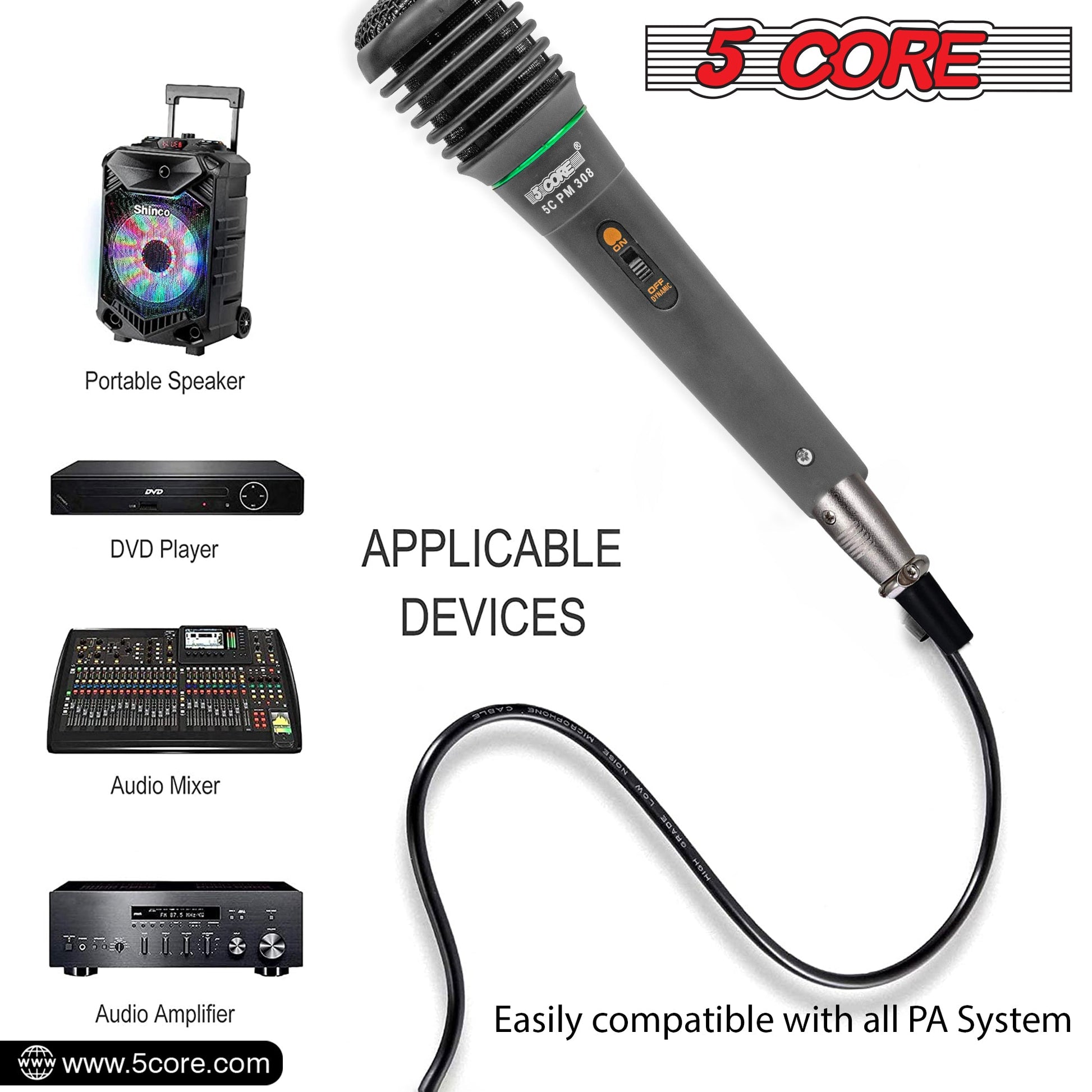 5 Core Microphone 2 Pieces Black Karaoke XLR Wired Mic Professional Studio Microfonos w Integrated Pop Filter Dynamic Moving Coil Cardioid Unidirectional Pickup Micrófono for Singing DJ Podcast Speeches Includes Cable - 308P 2PCS-2