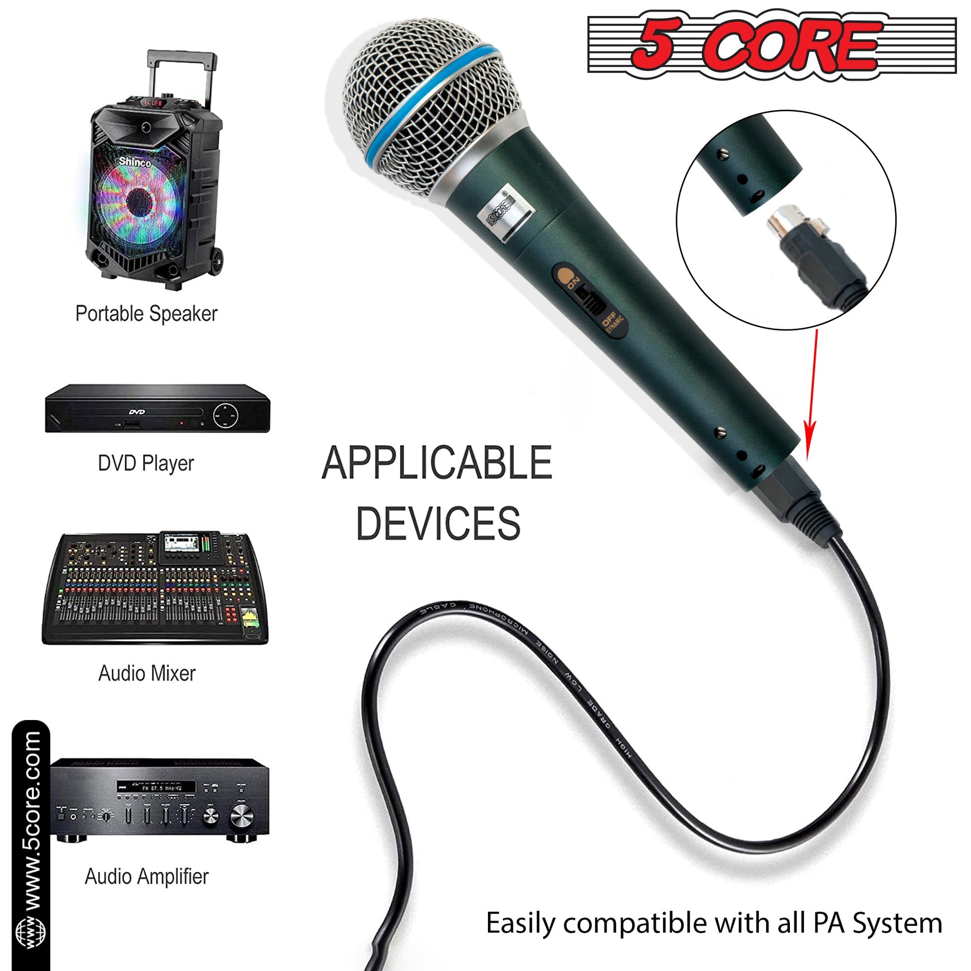 5 Core Microphone 2 Pieces Green Karaoke XLR Wired Professional Studio Mic w ON/OFF Switch Integrated Pop Filter Dynamic Cardioid Unidirectional Handheld Micrófono for Singing DJ Speeches Includes Cable Mic Holder Bag - BETA 2PCS-2