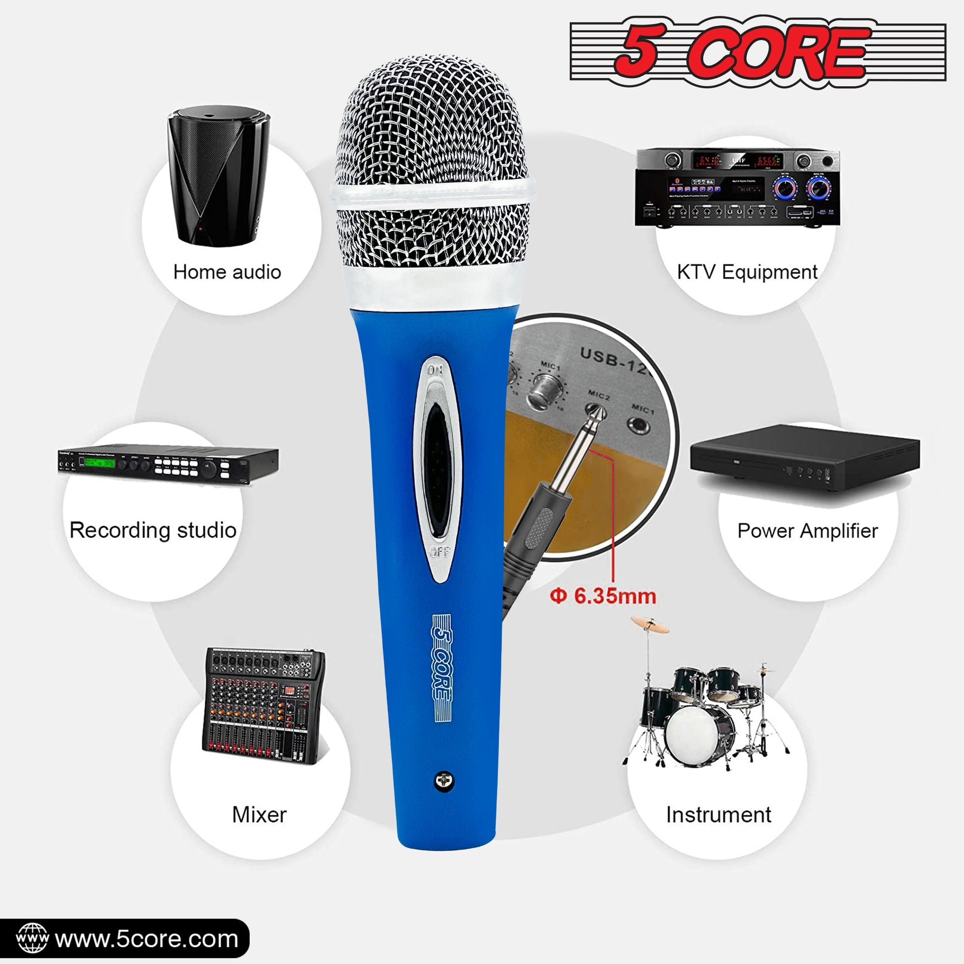 5 Core Microphone 2 Pcs Blue Karaoke XLR Wired Mic Professional Studio Microfonos w ON/OFF Switch Integrated Pop Filter Dynamic Moving Coil Cardioid Unidirectional Pickup Handheld Micrófono for Singing DJ Podcast Speeches Includes Cable - PM 286-10