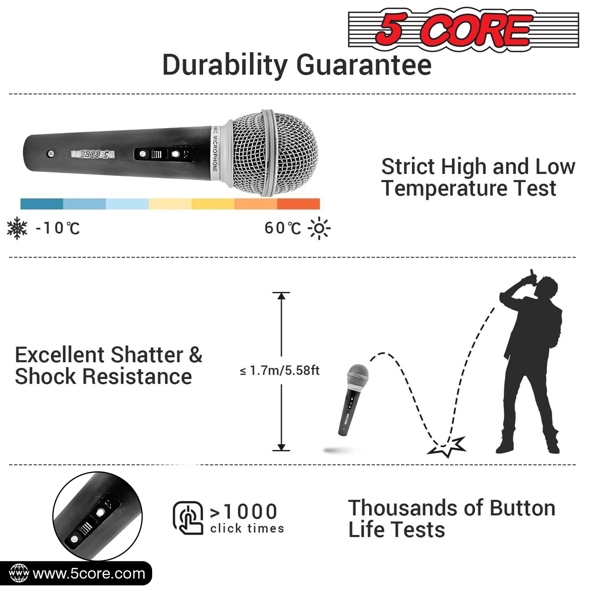 5 Core Microphone 3 Pieces Black Karaoke XLR Wired Mic Professional Studio Microfonos w ON/OFF Switch Integrated Pop Filter Dynamic Moving Coil Cardioid Unidirectional Pickup Handheld Micrófono for Singing DJ Podcast Speeches Includes Cable - PM-5